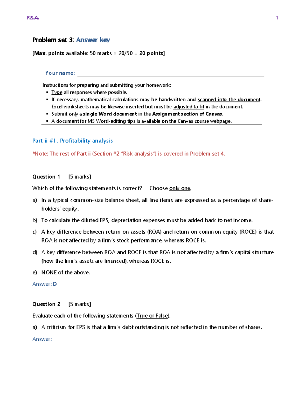 Fsa PS Key 3 Problem Set Key 3 Problem Set 3 Answer Key Max
