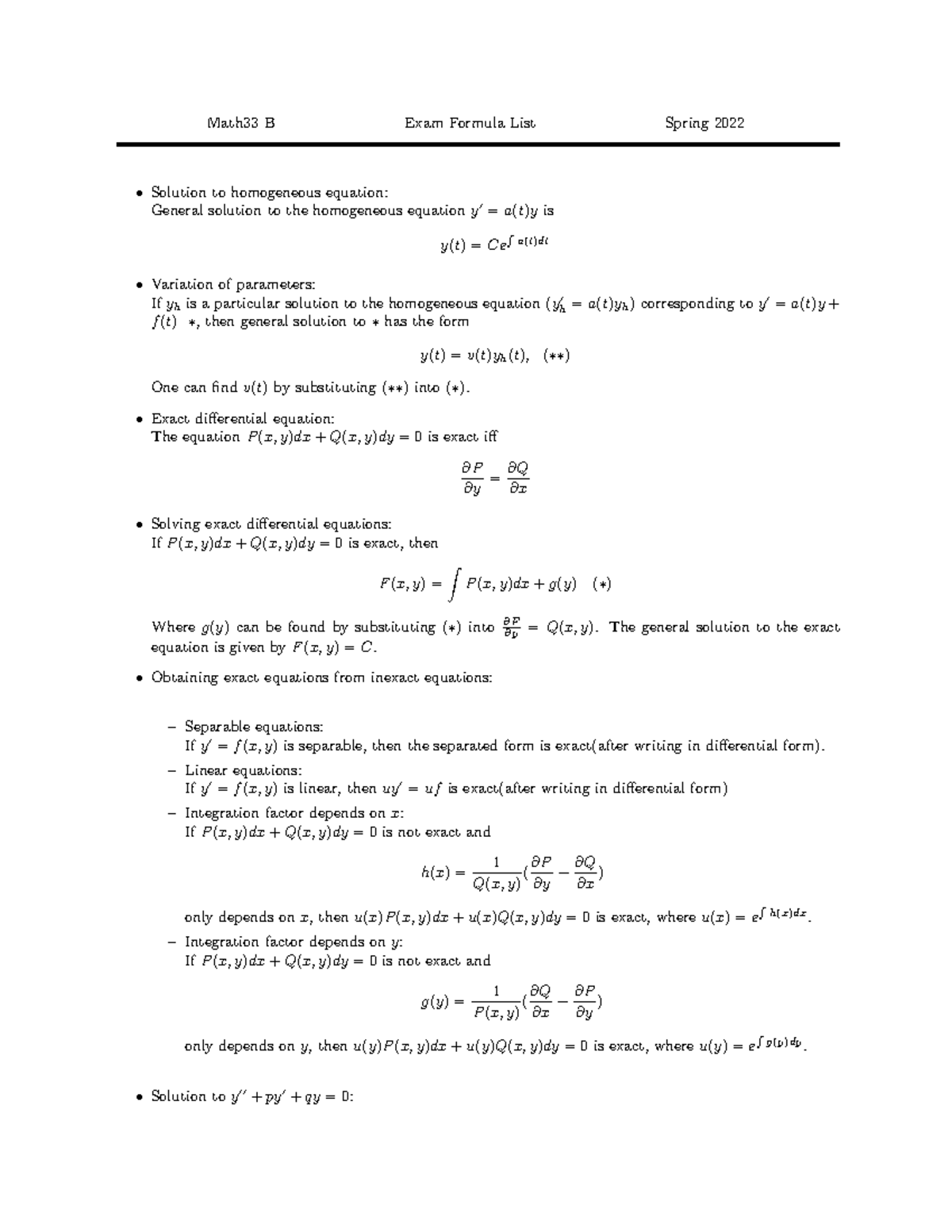 FinalExamFormula Final exam formula list Math33 B Exam Formula