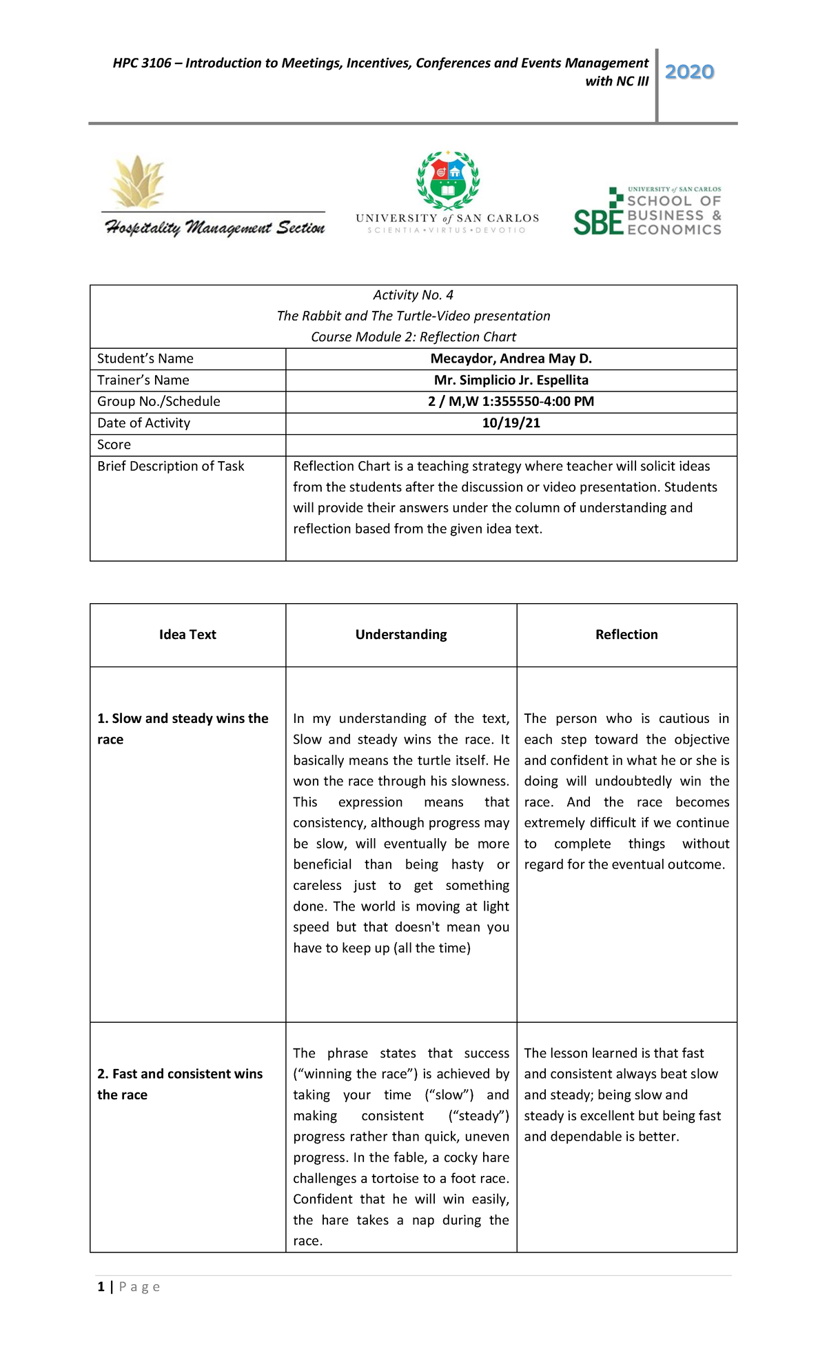 Activity 4, Reflection Chart - HPC 3106 – Introduction to Meetings ...