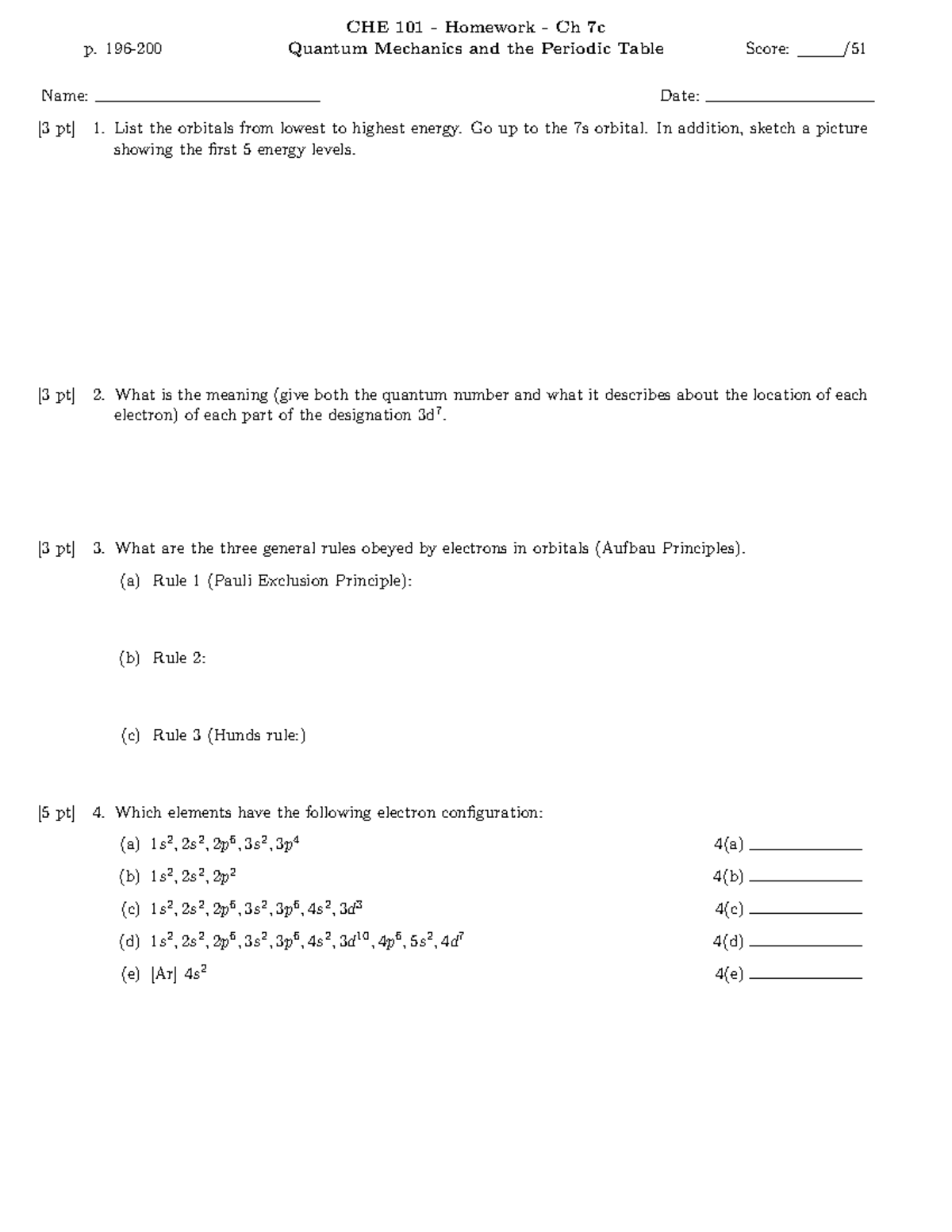 CHE101 Homework - p. 196- CHE 101 - Homework - Ch 7c Quantum Mechanics ...