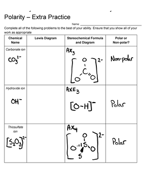 Stereochemistry and Polarity Extra Practice ANS Polarity