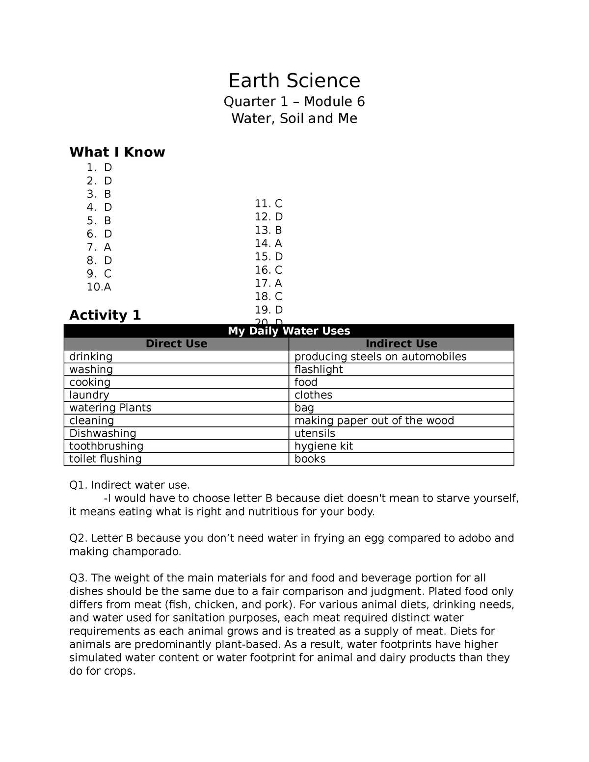 Earth Science - Answers - Earth Science Quarter 1 – Module 6 Water ...