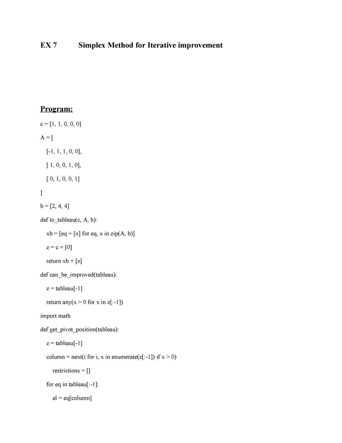 EX 7 Simplex Method for Iterative improvement - EX 7 Simplex Method for ...