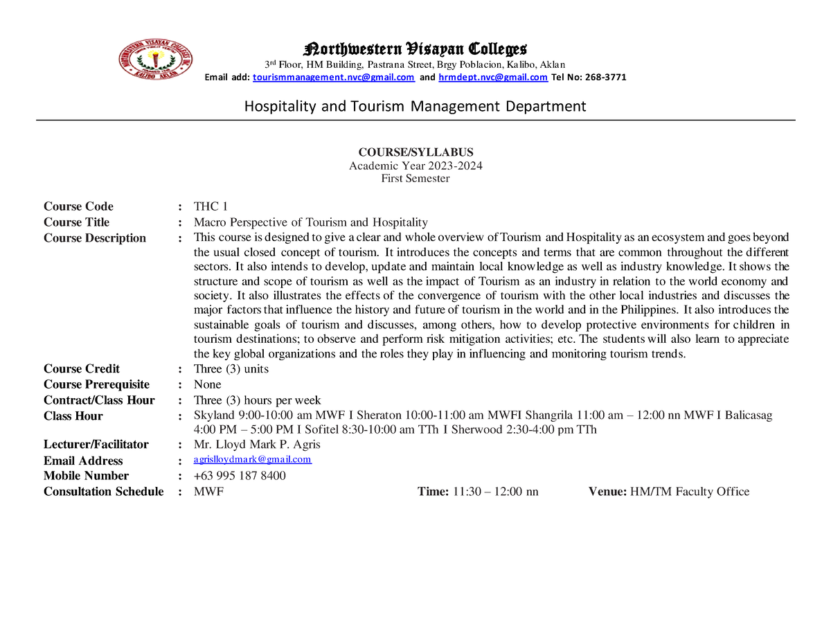 THC1-Macro Perspective Of Tourism And Hospitality - Northwestern ...