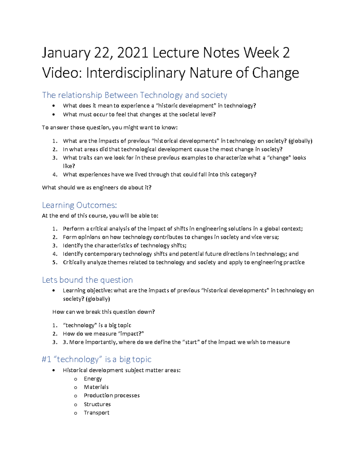 Lecture notes Interdisciplinary Nature of Change for ENGG 481 - January ...