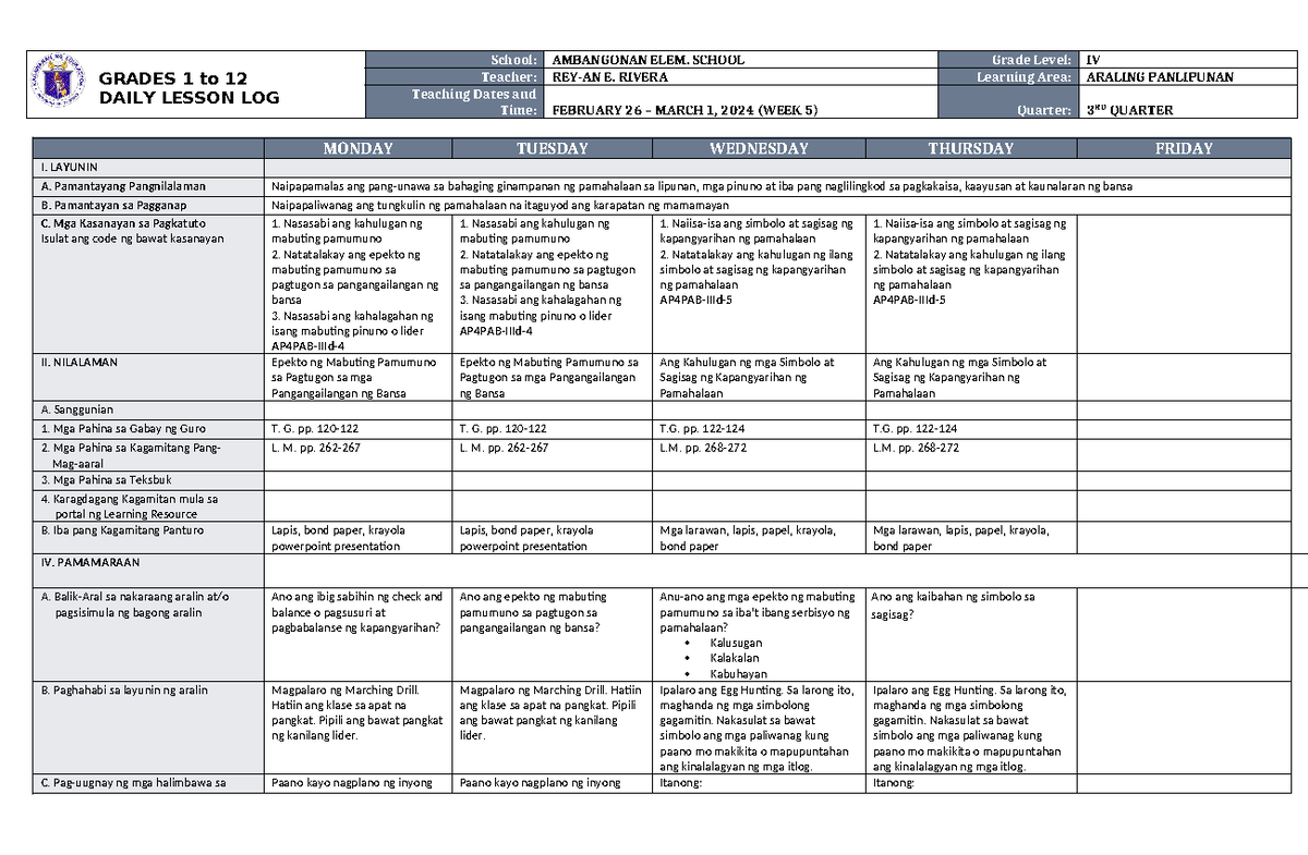 DLL Araling Panlipunan 4 Q3 W5 - GRADES 1 to 12 DAILY LESSON LOG School ...