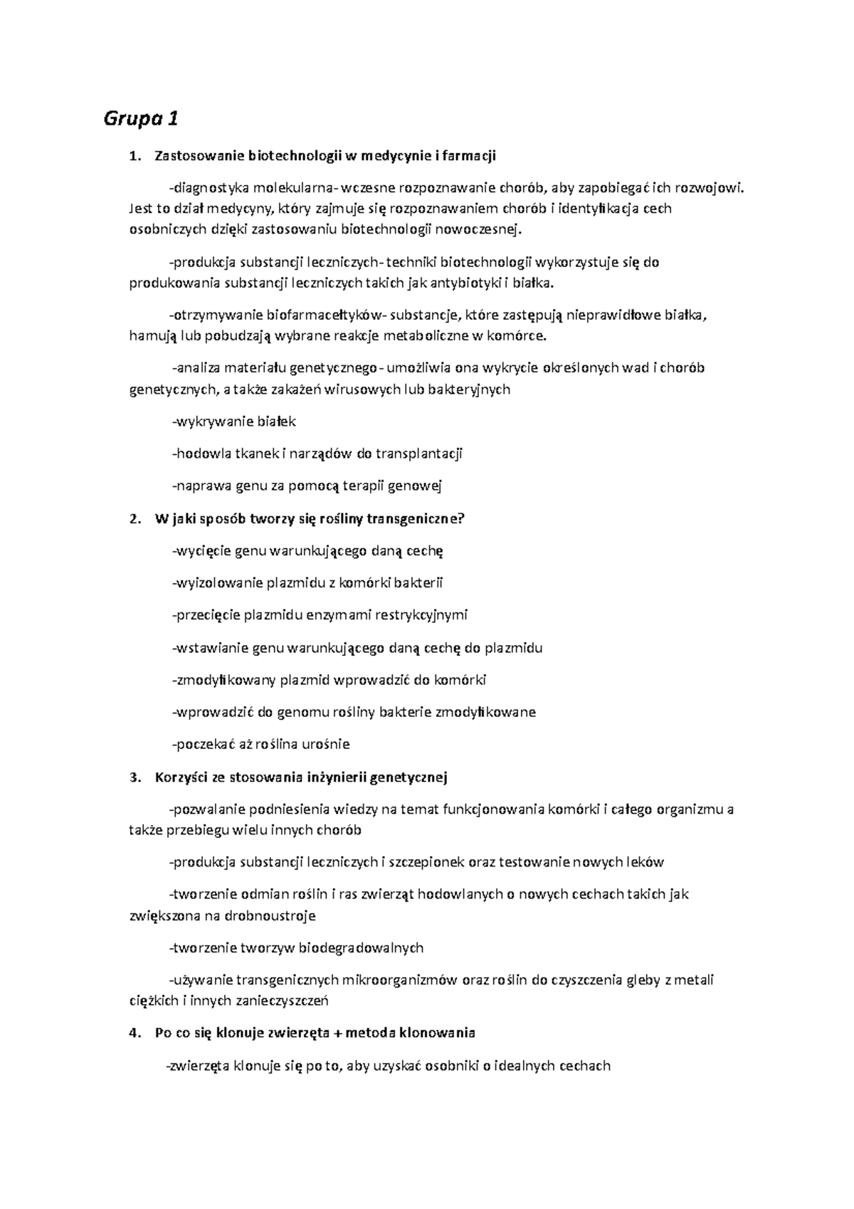 Biologia sprawdzian rozdział 2 - Grupa 1 Zastosowanie biotechnologii w