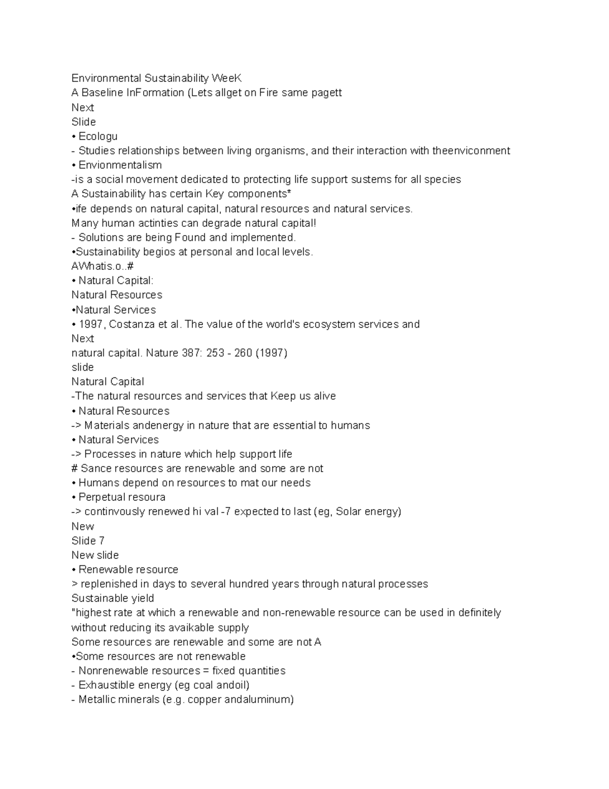 GEO 135 Notes from class Units 13 Environmental Sustainability