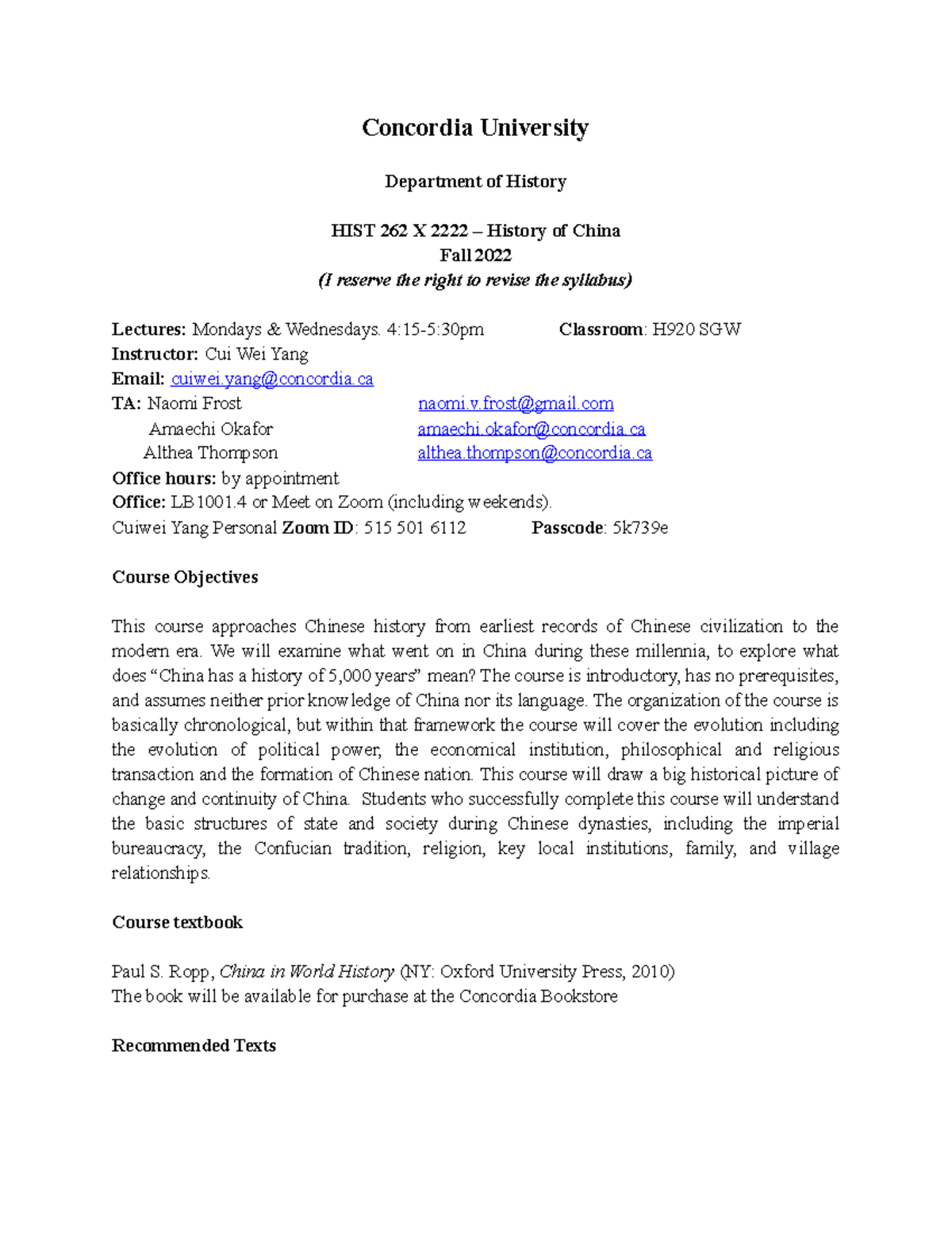 HIST262 syllabus2022 Fall Concordia University Department of History