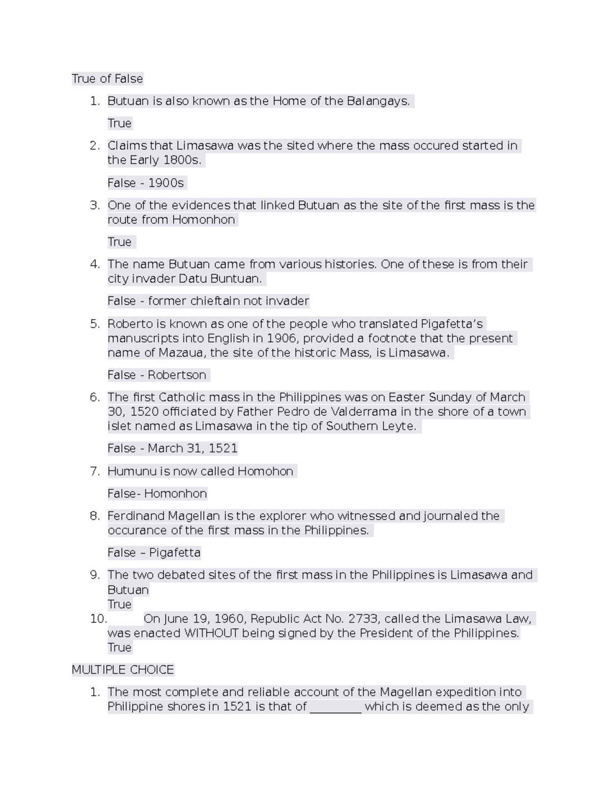 Site of the First Mass QUIZ - True of False 1. Butuan is also known as ...