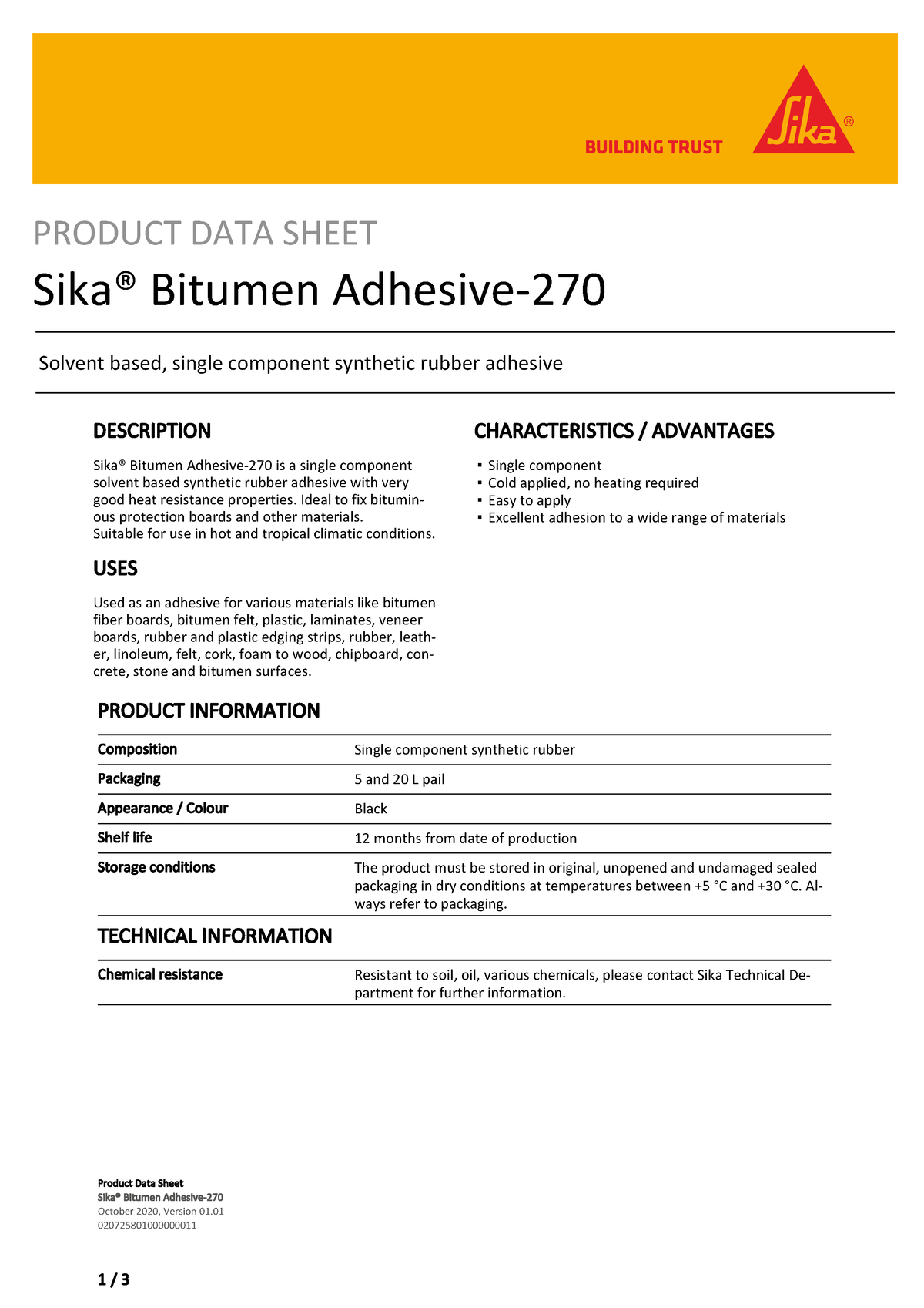 Sika Bitumen Adhesive 270 - Product Data Sheet Sika® Bitumen Adhesive ...