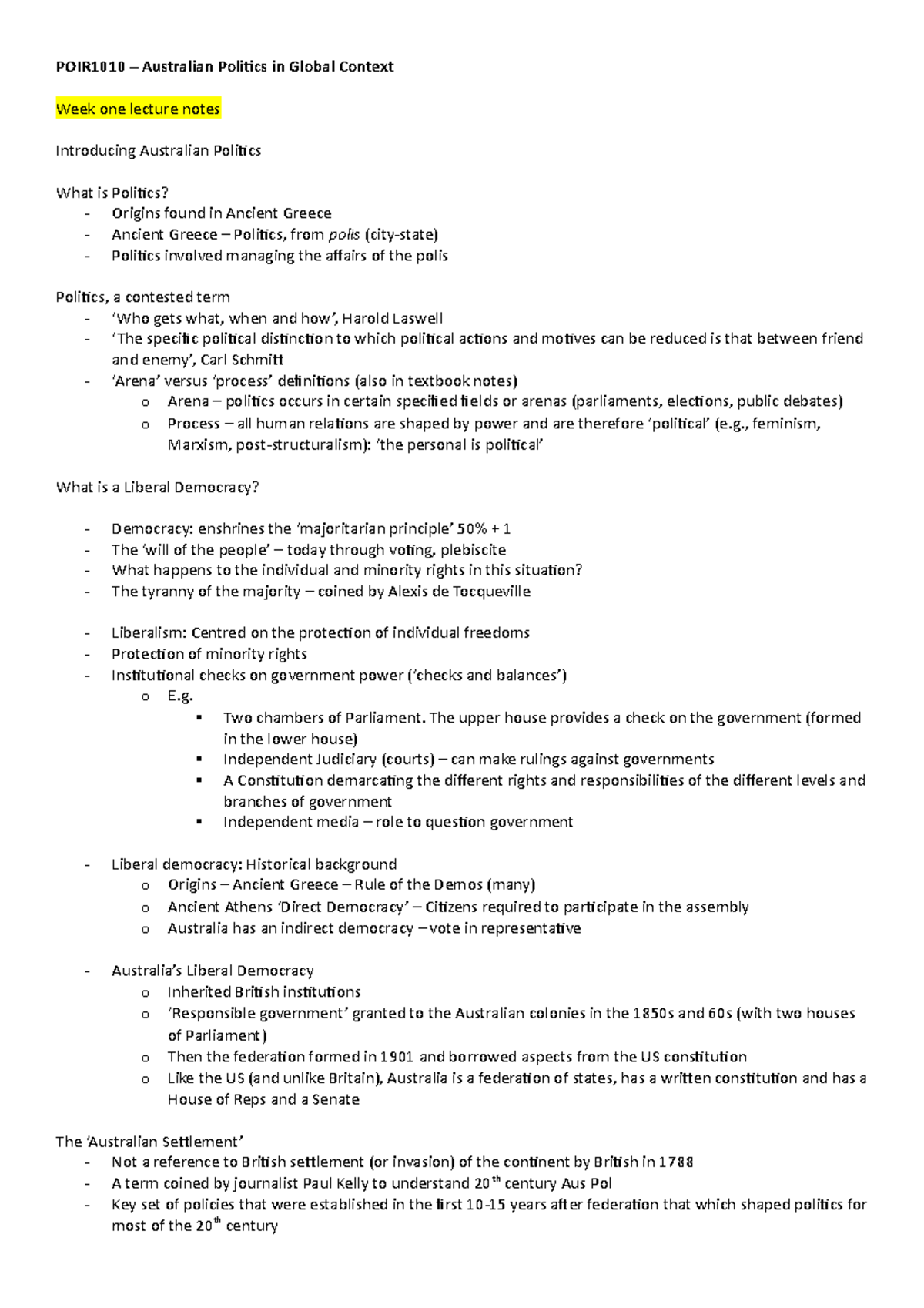 POIR1010 week one lecture notes - POIR1010 - MQ - Studocu