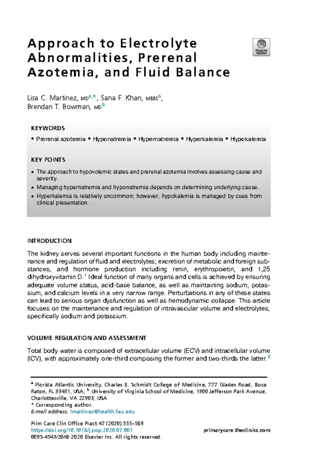 1-s2 - Apuntes 1 - Approach to Electrolyte Abnormalities, Prerenal ...
