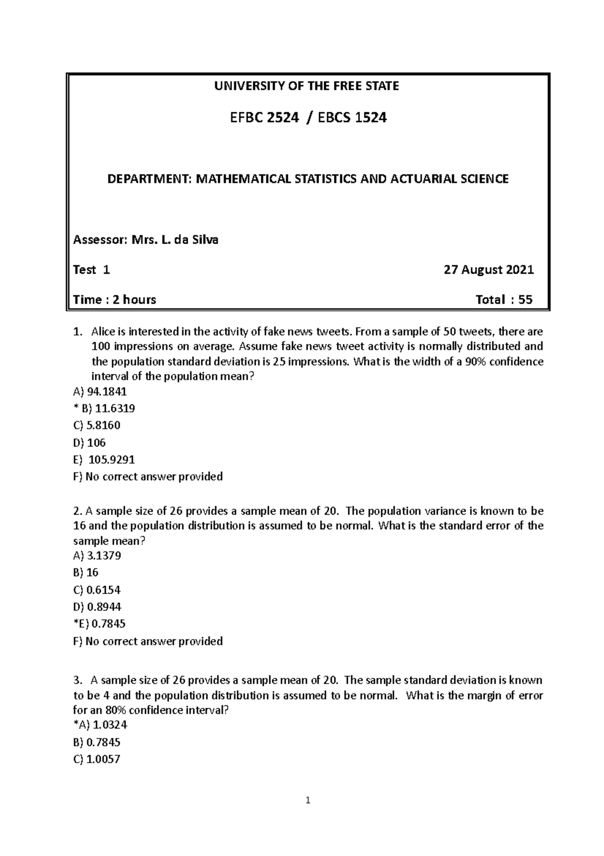 EFBC 2524 test1 2021 - STATS test and practicals including second ...