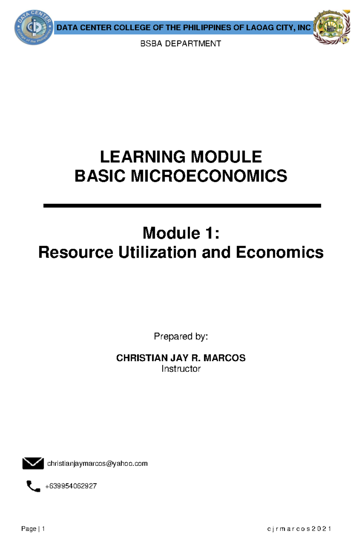 Basic Microeconomics Module 1 - BSBA DEPARTMENT LEARNING MODULE BASIC ...