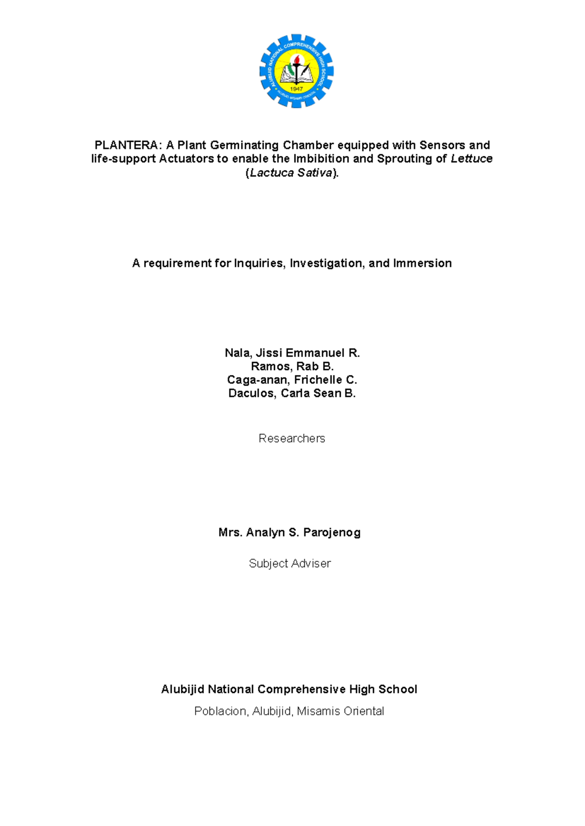 Final Paper FOR 3is - notes - PLANTERA: A Plant Germinating Chamber ...