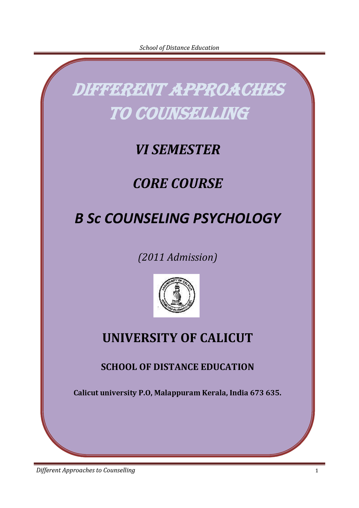 B Sc Counselling Psychology - VI Sem. Core Course - Different ...