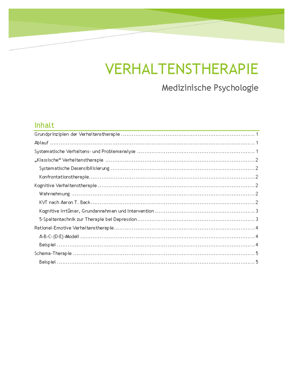 Zusammenfassung - Verhaltenstherapie - Inhalt VERHALTENSTHERAPIE ...