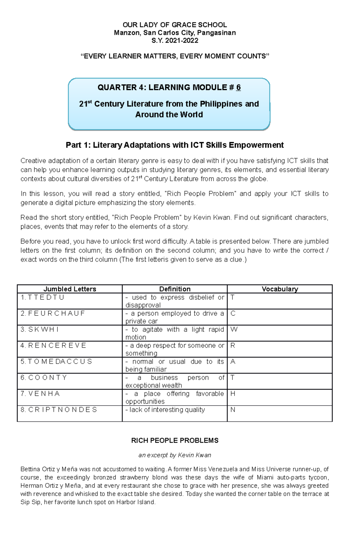 21st Century Lit Module 6 - OUR LADY OF GRACE SCHOOL Manzon, San Carlos ...