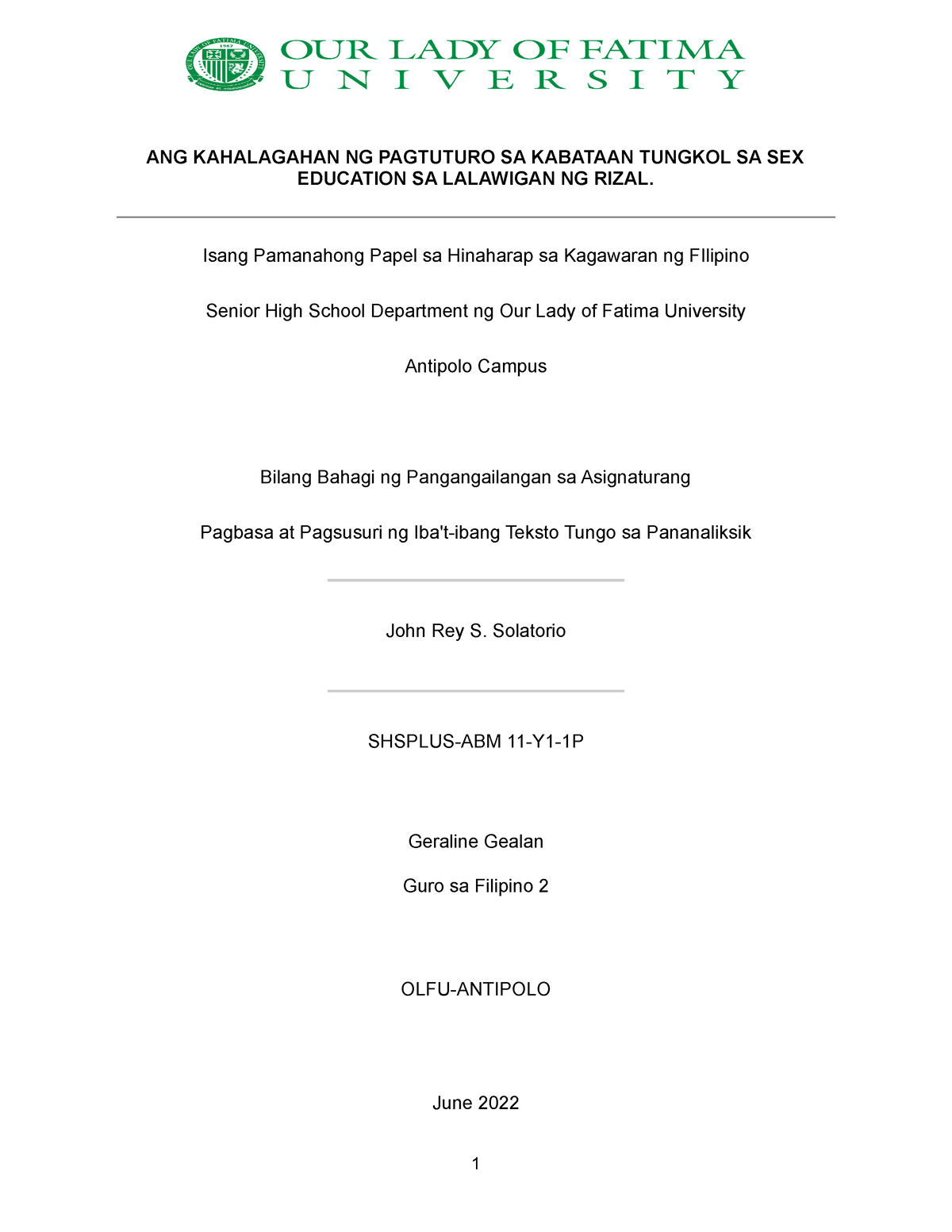 Pananaliksik Patungkol Sa Kahalagahan Ng Pagtuturo Sa Kabataan Tungkol Sa Sex Education Sa 