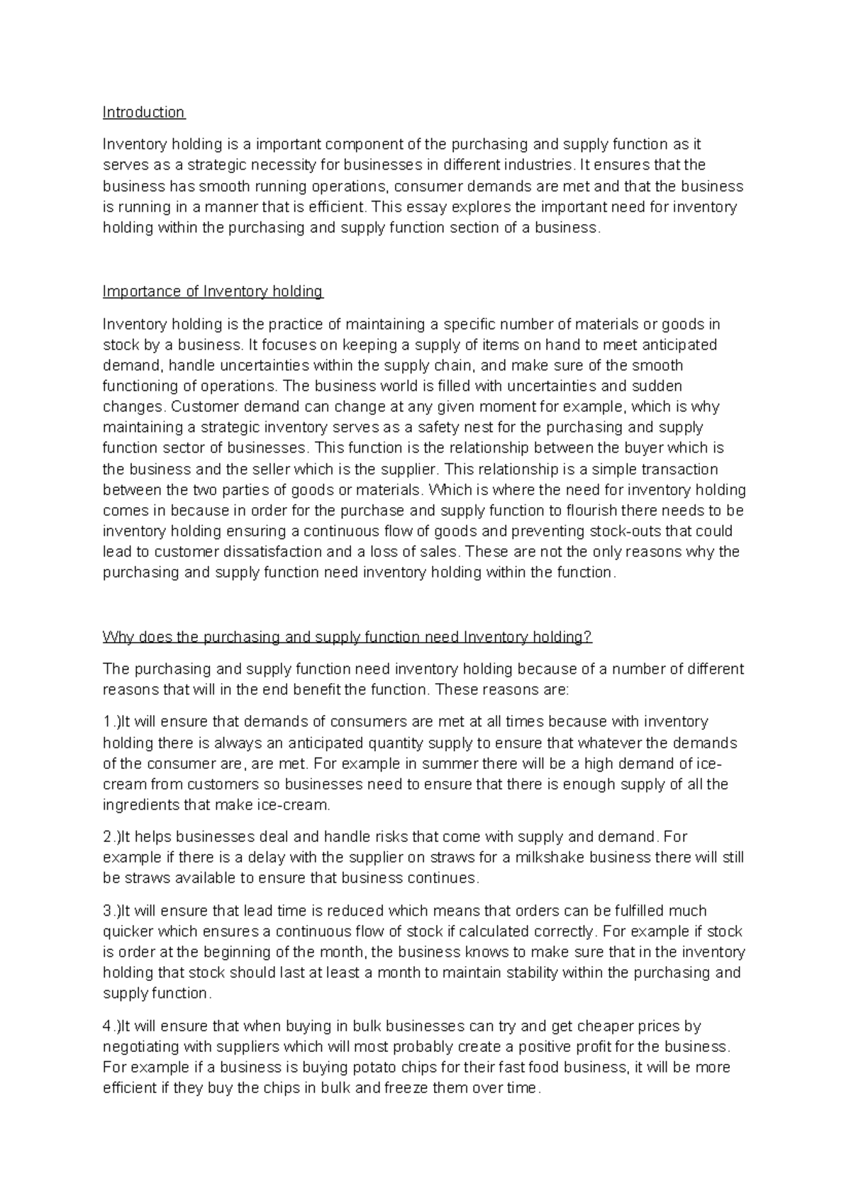 Business essay Introduction Inventory holding is a important