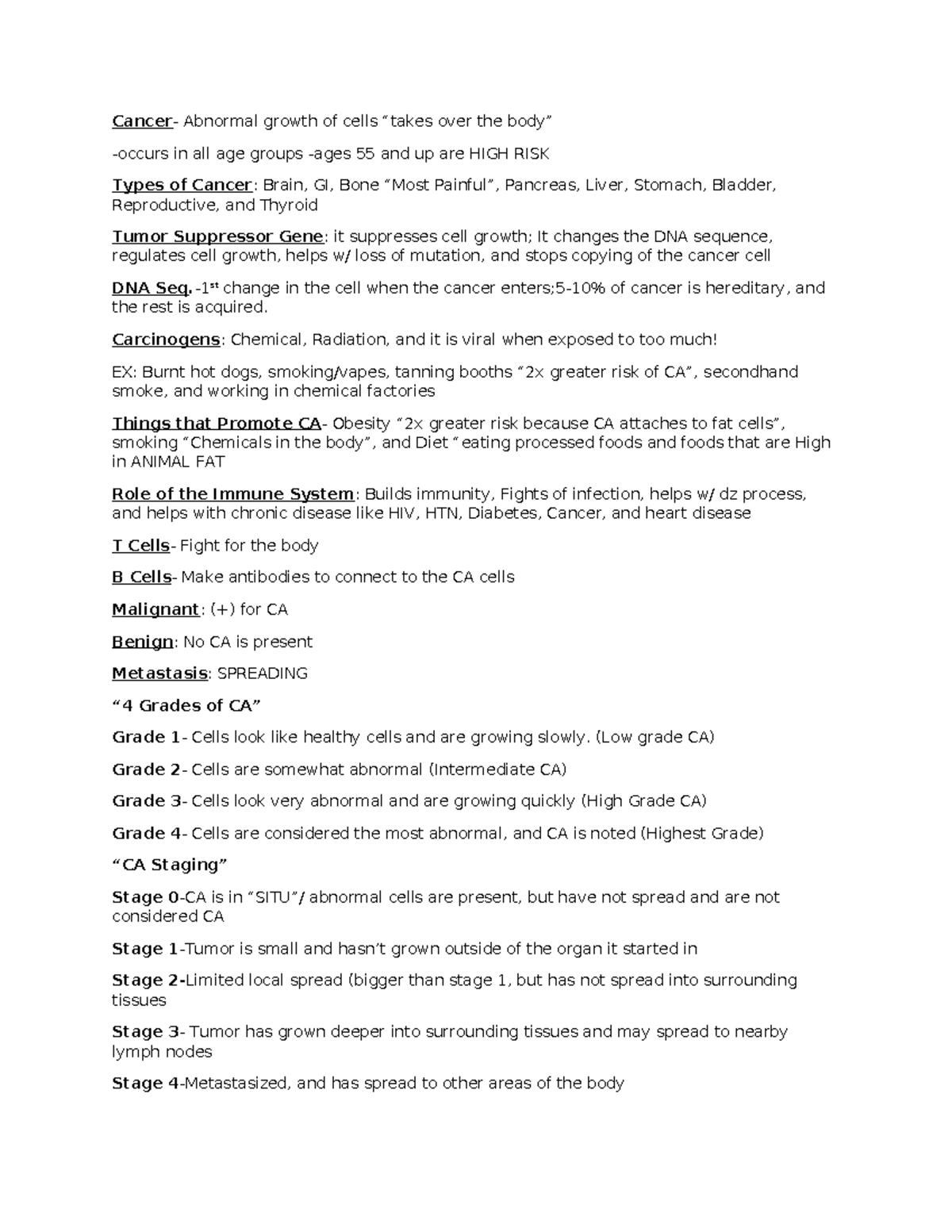 Cancer 1 - Med surg notes exam 1 - Cancer- Abnormal growth of cells ...