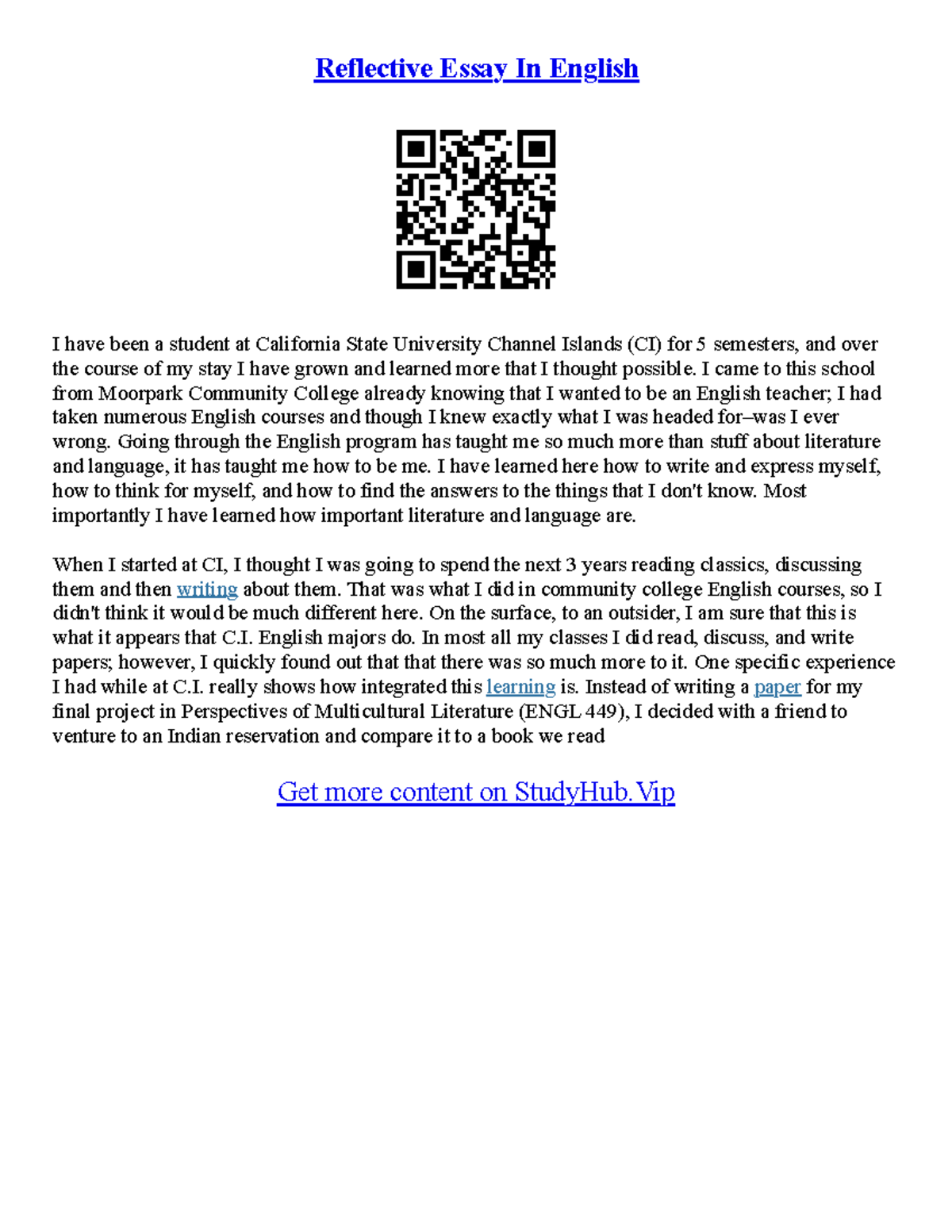 Reflective Essay English Class - Reflective Essay In English I have ...