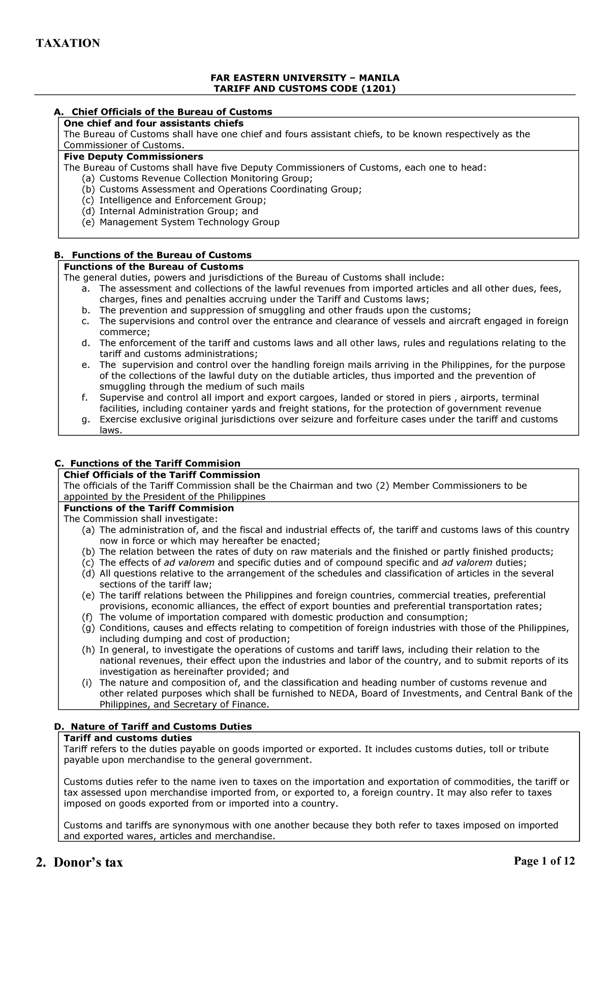 12. Tariff and custom code TAXATION 2. Donor’s tax Page 1 of 12 FAR