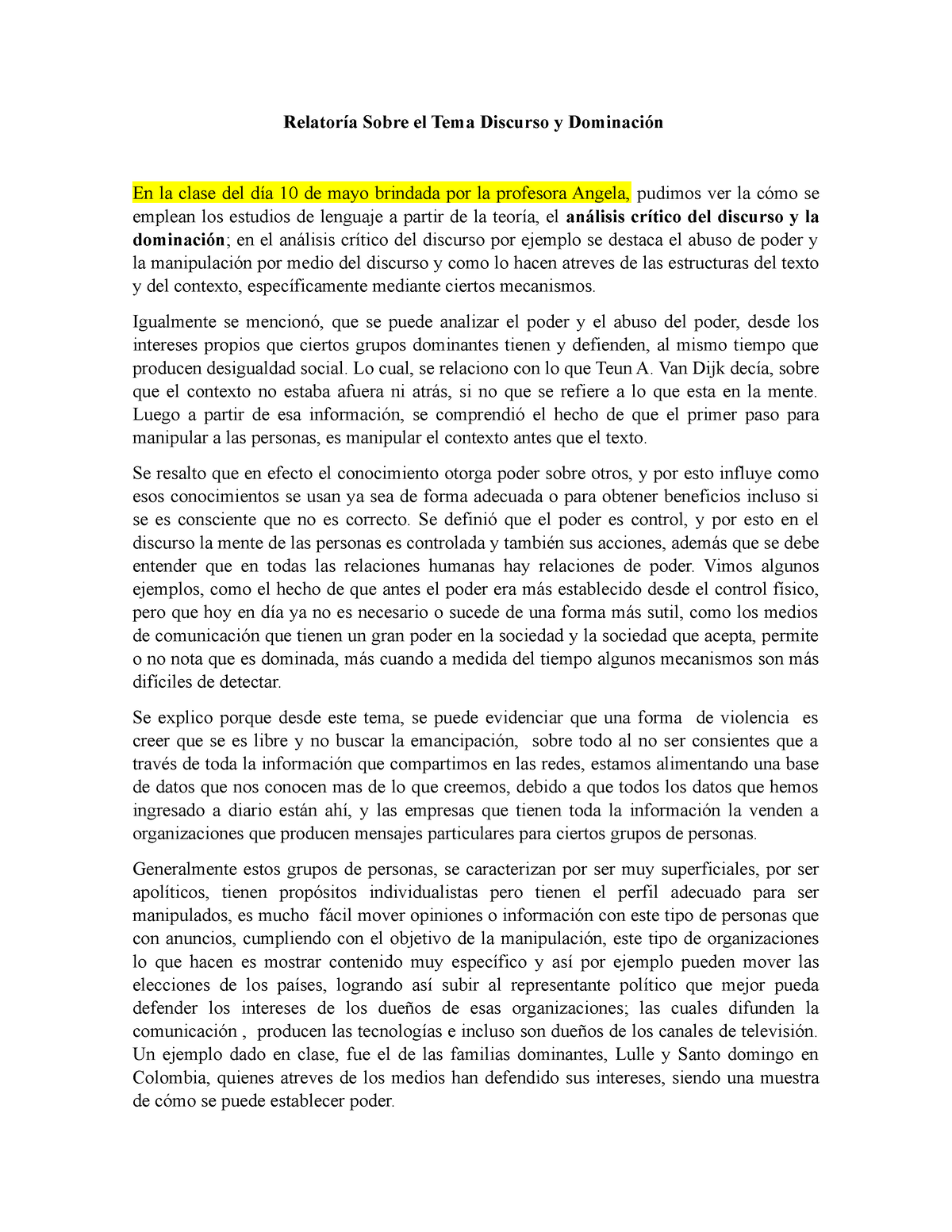 1relatoría Análisis Textual Relatoría Sobre El Tema Discurso Y Dominación En La Clase Del