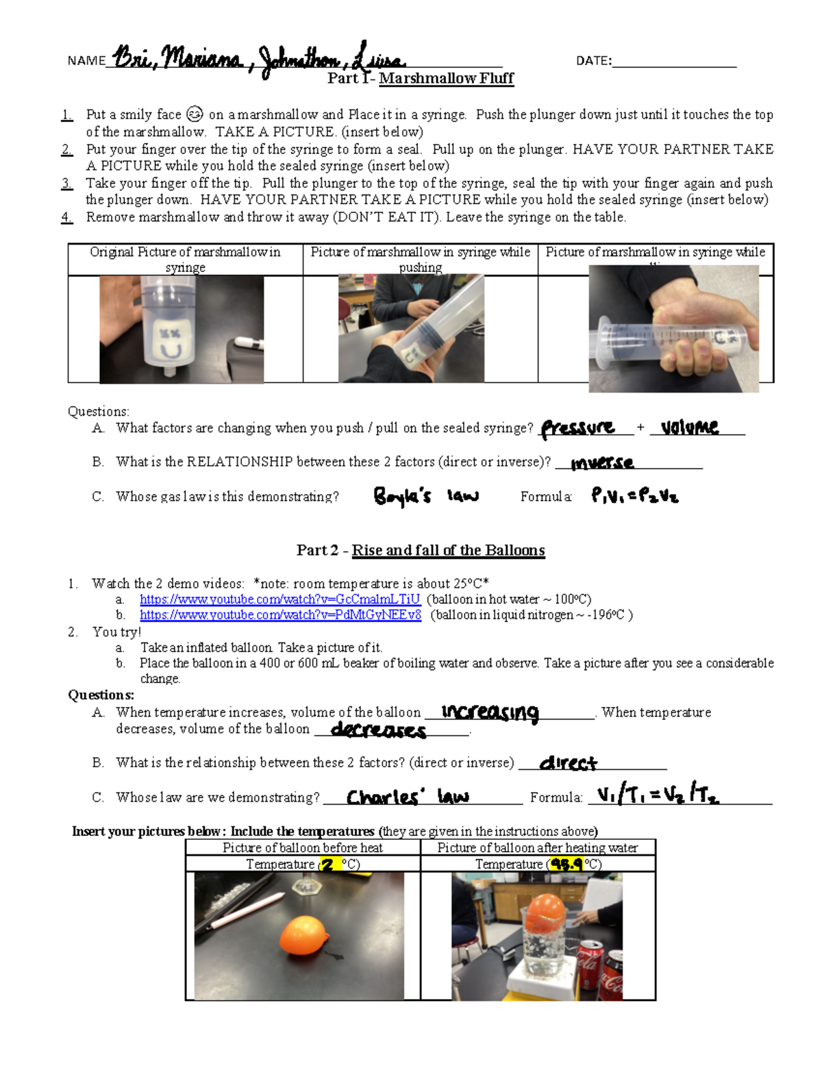 Gas Laws Lab Gas laws lab NAME