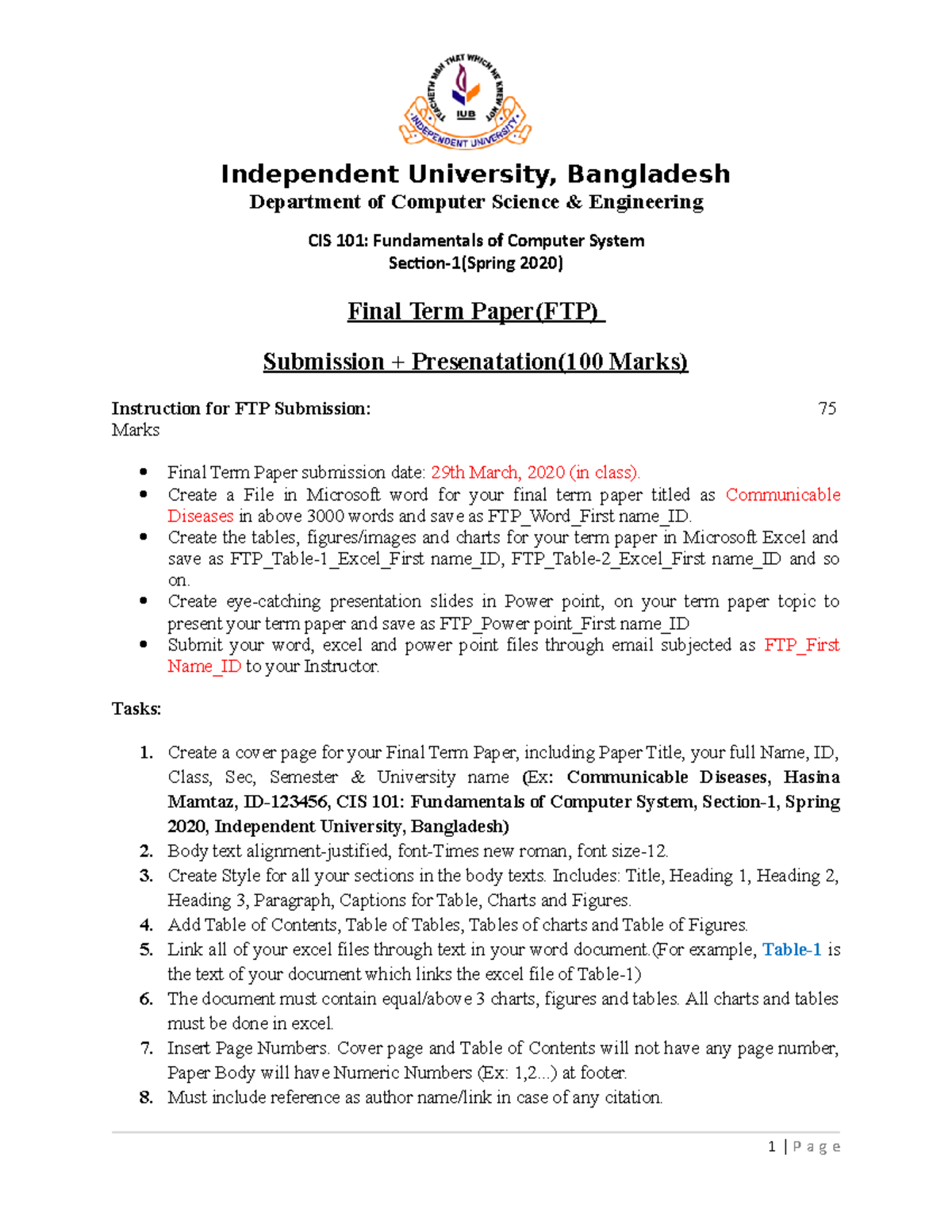 Final Term Paper Instruction - Independent University, Bangladesh ...
