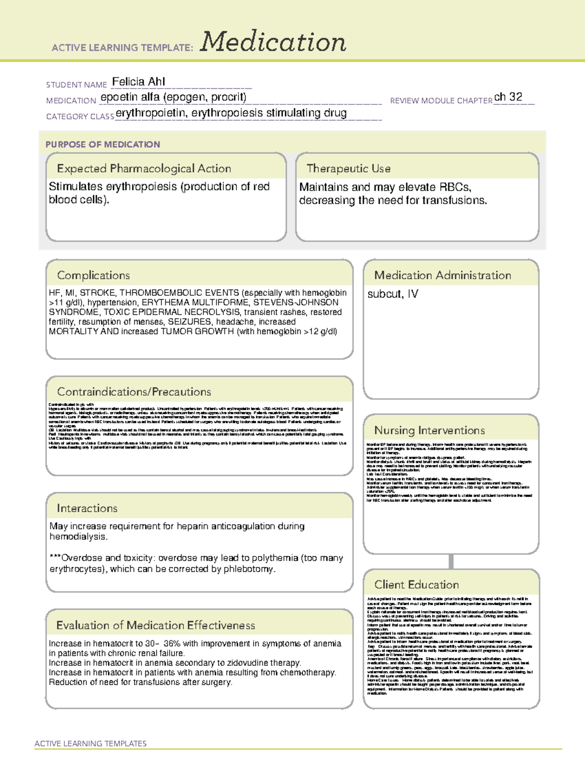 Epoetin Alfa Drug Cards ACTIVE LEARNING TEMPLATES Medication 