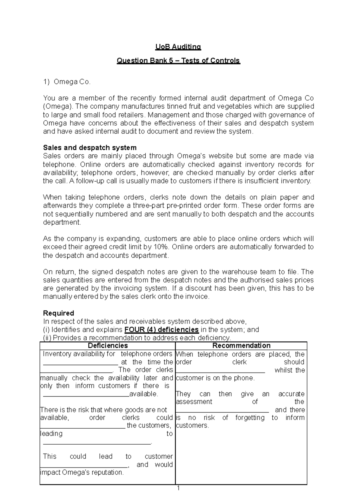 Uo B Auditing - Question Bank Part 5 (Tests Of Controls) - 1 UoB ...