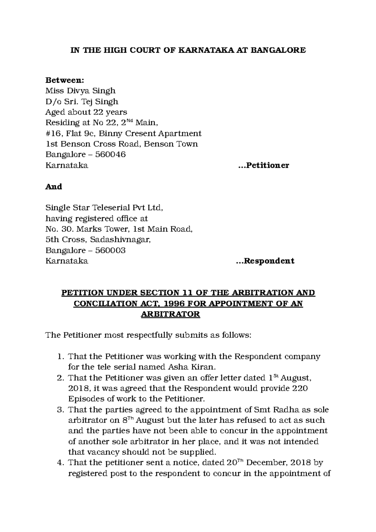 Application for Appointment of an Arbitrator Updated - IN THE HIGH ...