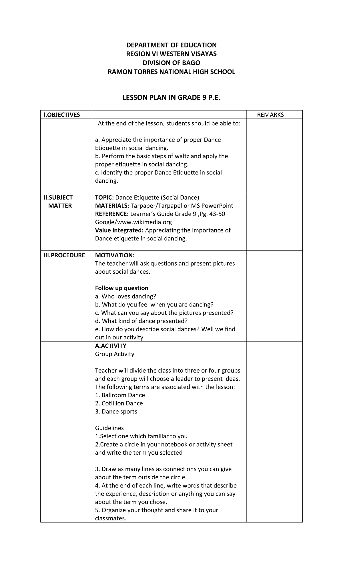 414991824 Lesson Plan Social Dance Docx - Department Of Education 