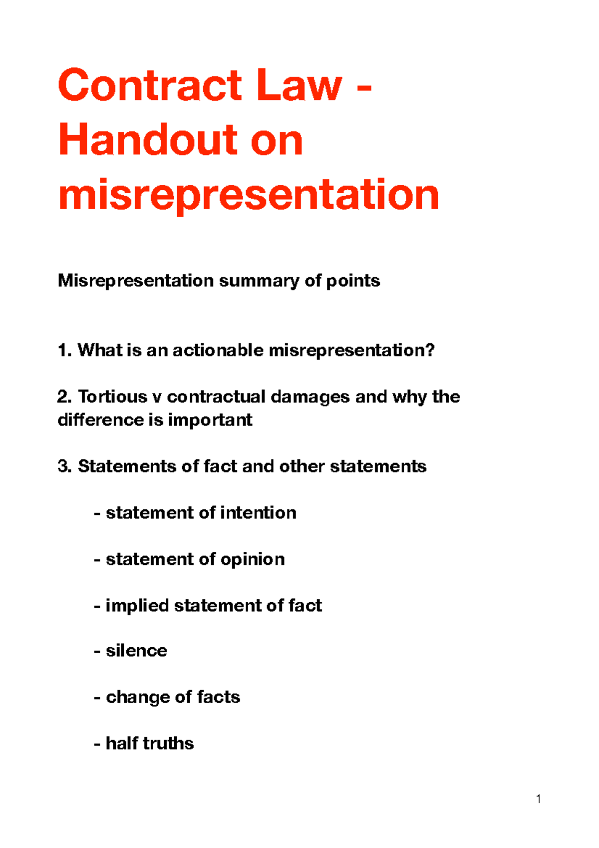 Contract Misrep Handout - Contract Law - Handout On Misrepresentation ...