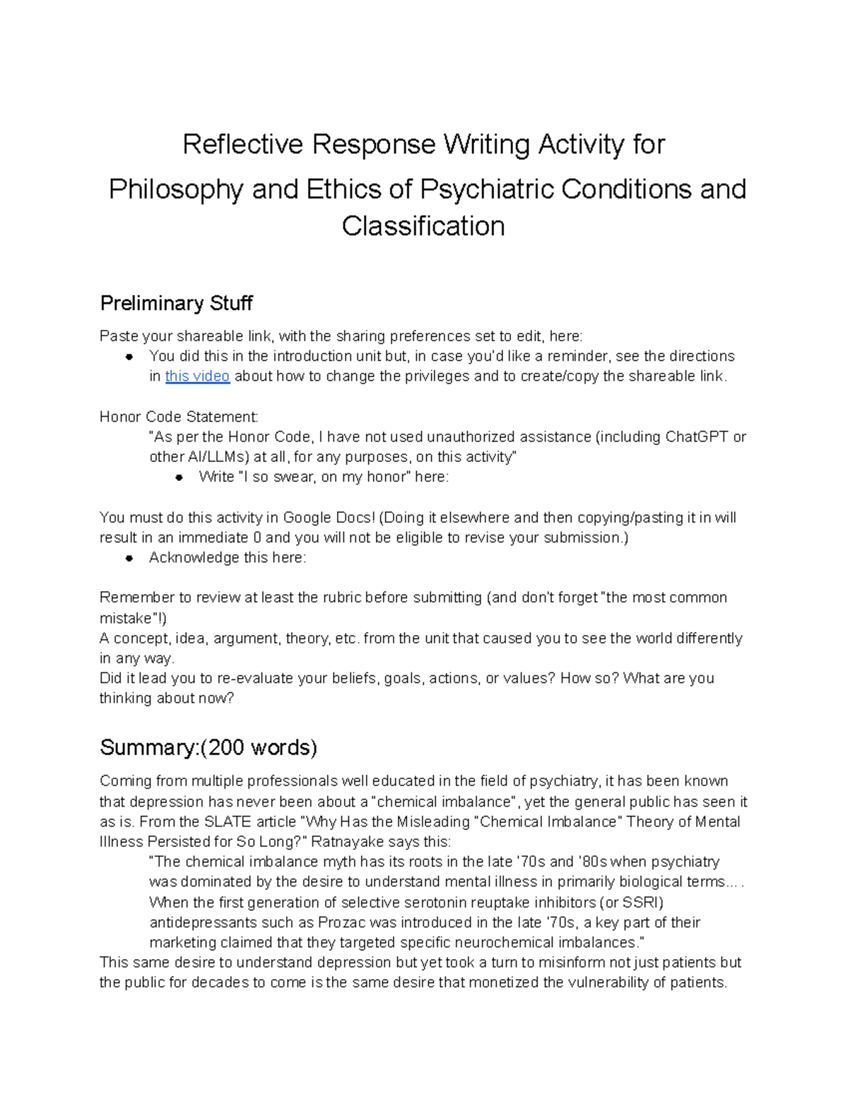 Reflective Response - Honor Code Statement: “As per the Honor Code, I ...