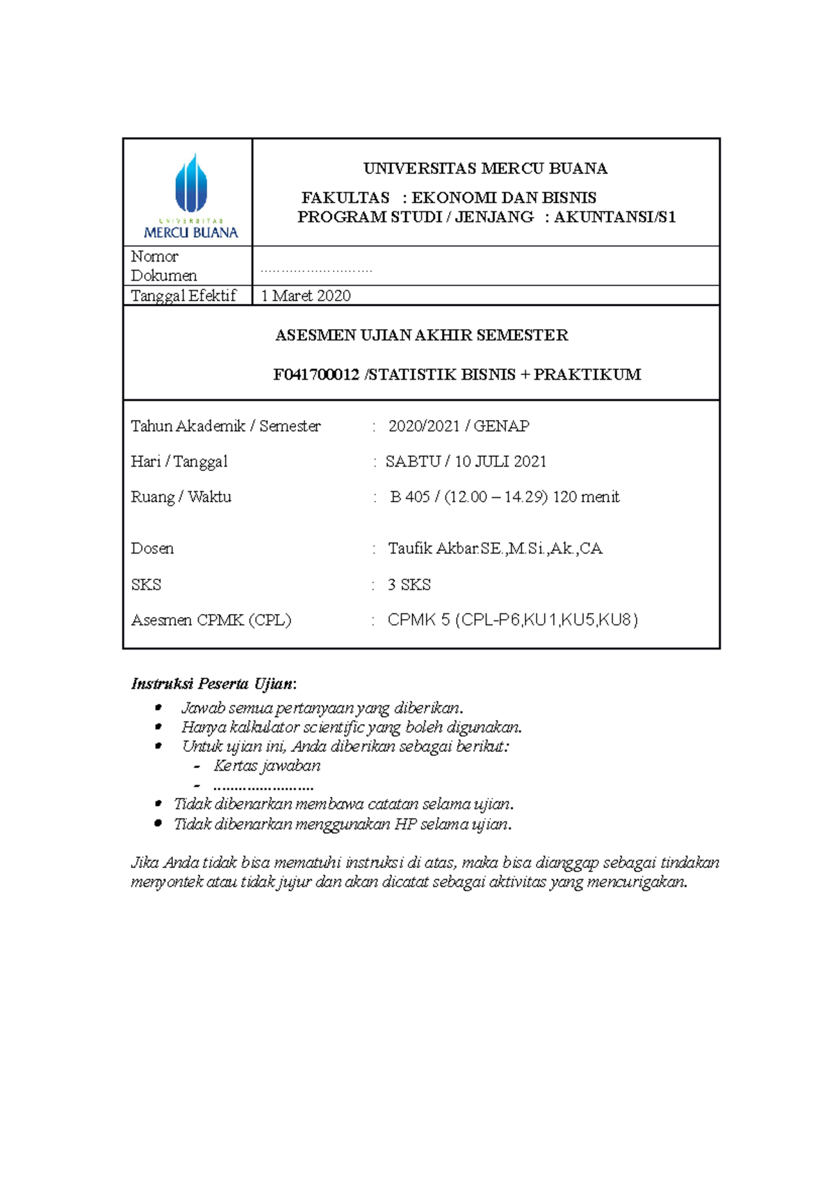 UAS Statistik Bisnis - Soal - UNIVERSITAS MERCU BUANA FAKULTAS ...