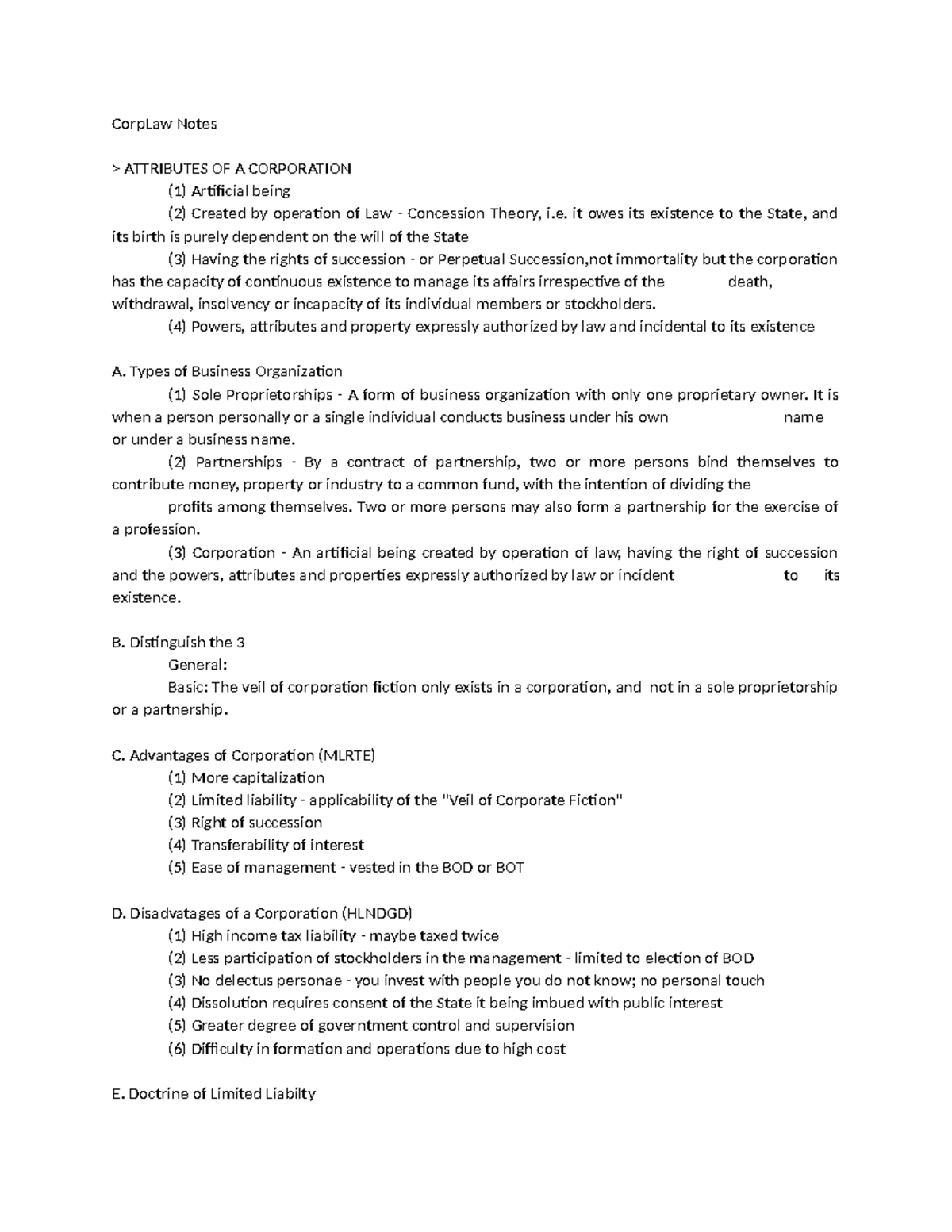 Corp Law Notes CorpLaw Notes > ATTRIBUTES OF A CORPORATION (1