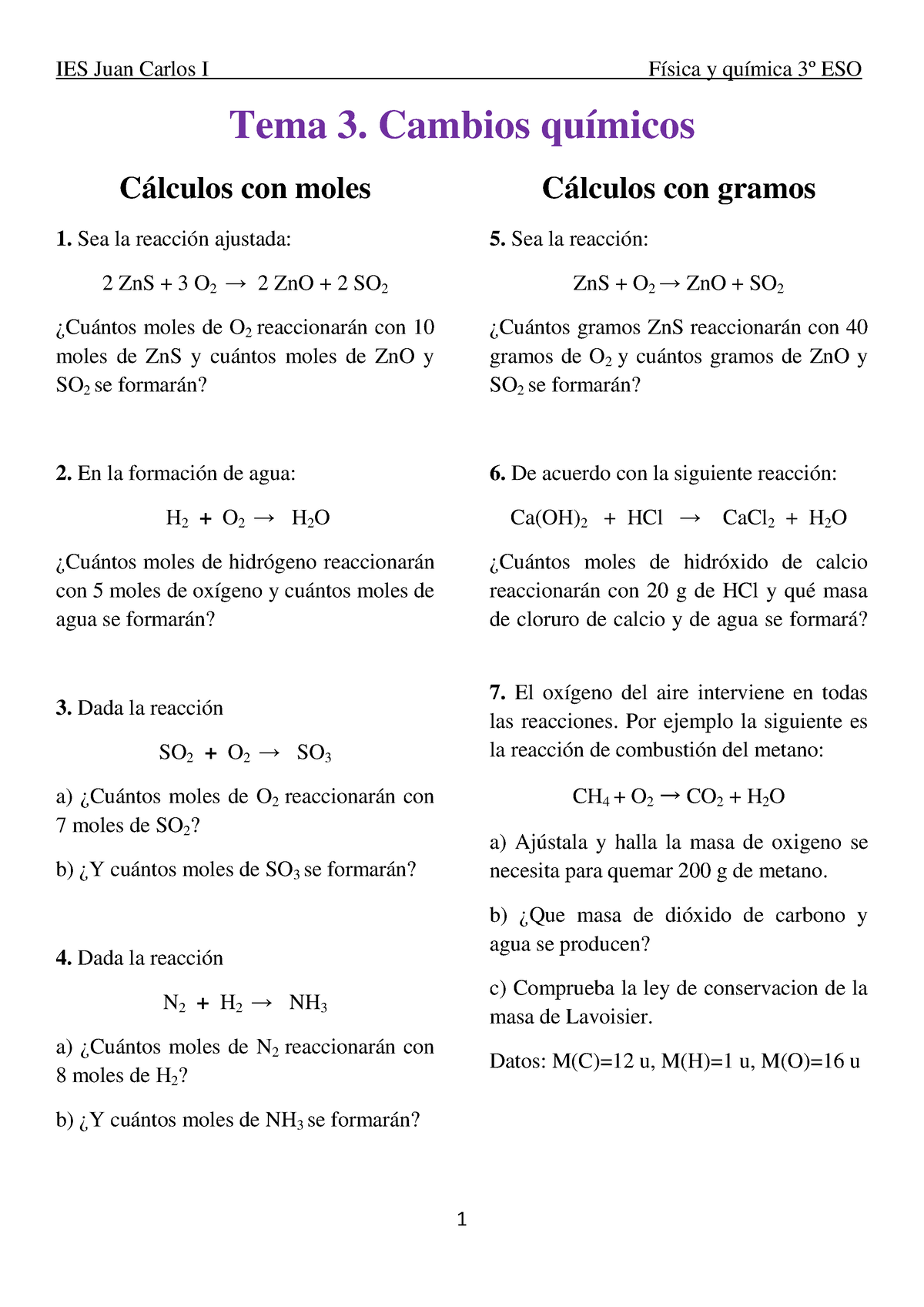 3º Eso Ejercicios De Calculos Con Reacciones Químicas Ies Juan Carlos I Física Y Química 3º 4042