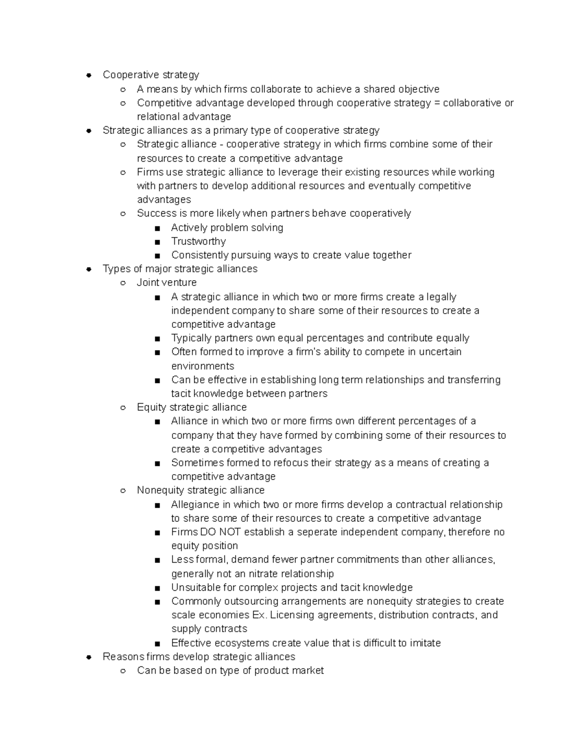 Ch 9. Cooperative Strategy pt 1 - Cooperative strategy A means by which ...