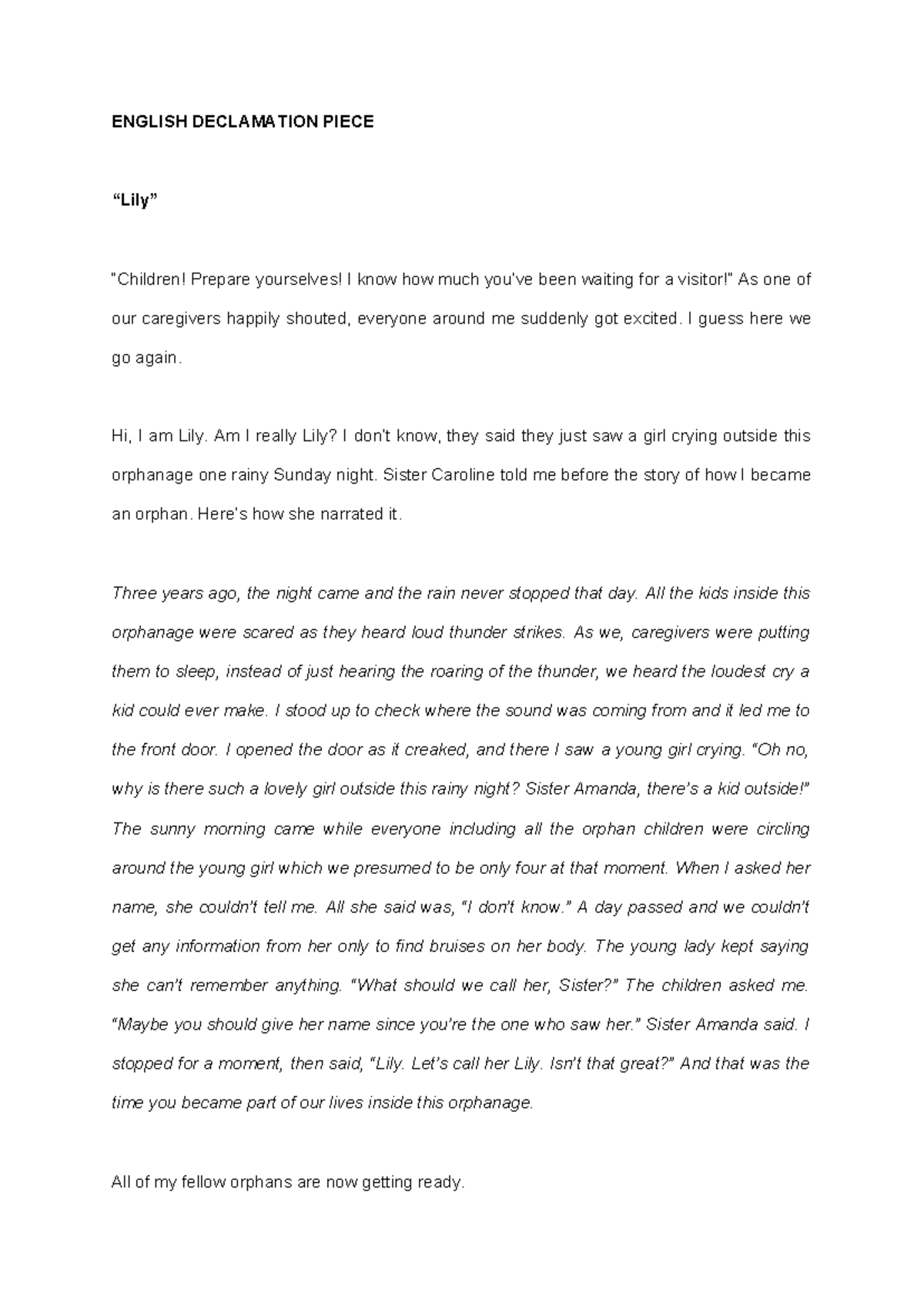 English Declamation ENGLISH DECLAMATION PIECE “Lily” “Children