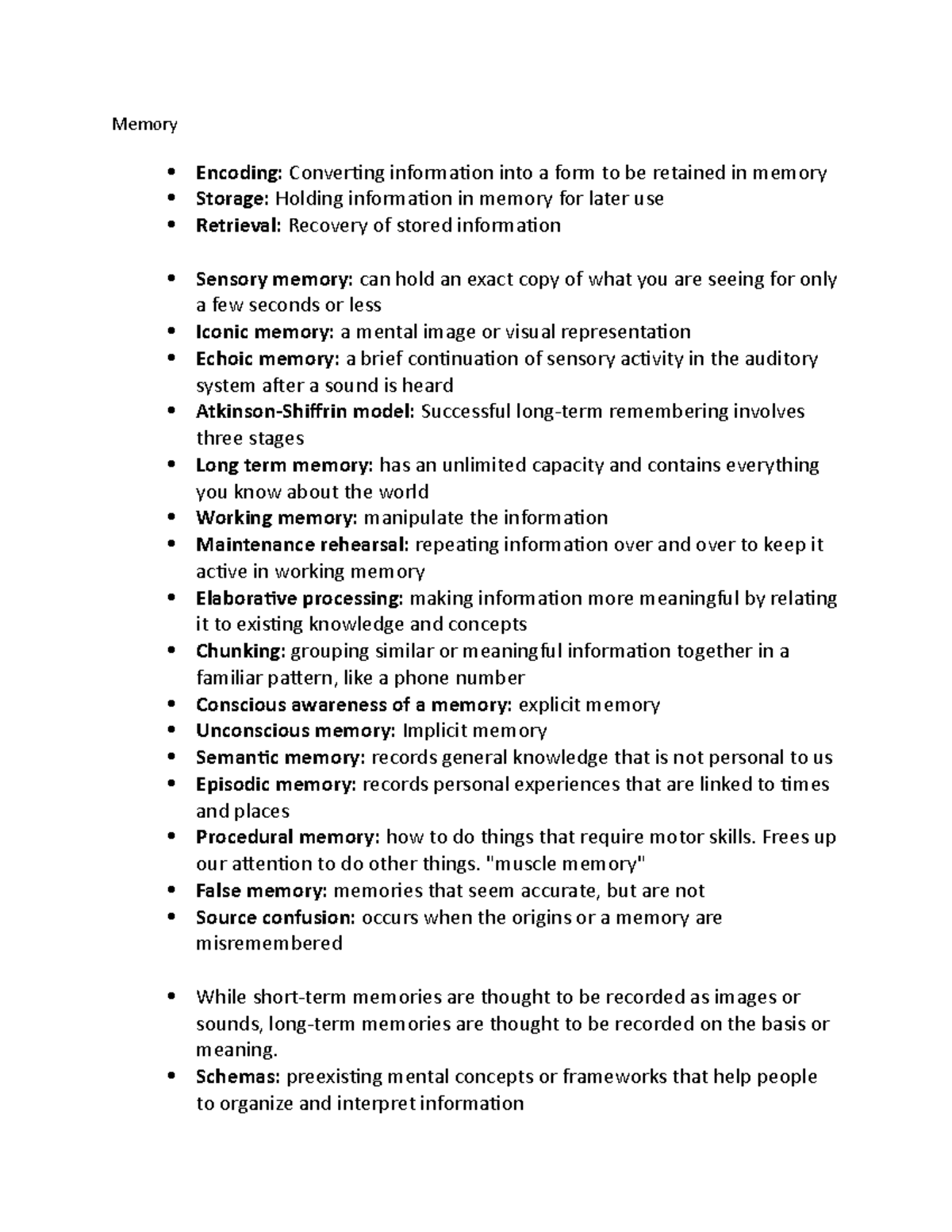 Memory - Lecture notes 1 - Memory Encoding: Converting information into ...