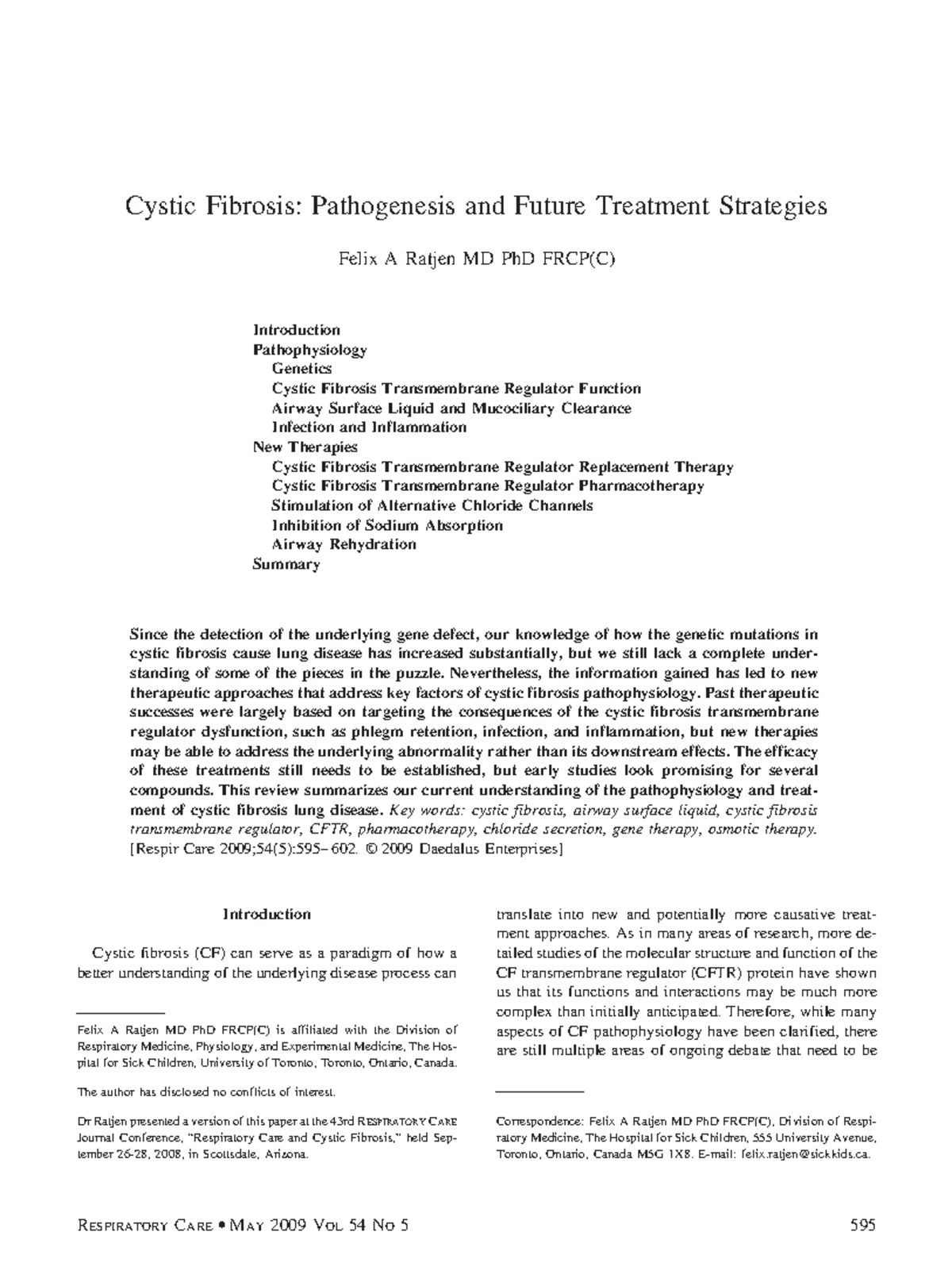 Patho CFTR - Felix A Ratjen MD PhD FRCP(C) Introduction Pathophysiology ...
