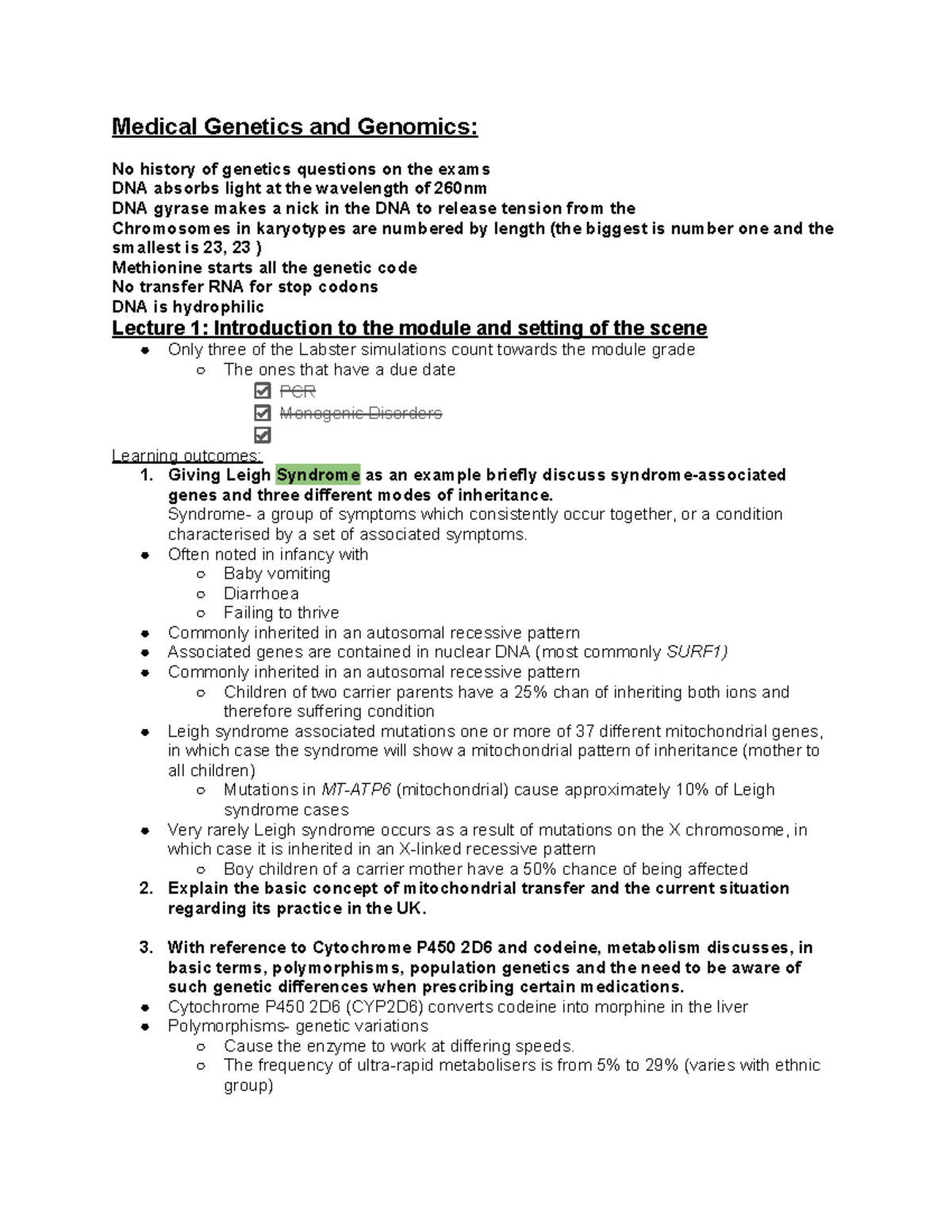 Year 2 Semester 2 - Medical genetics and genomics and I and I notes ...