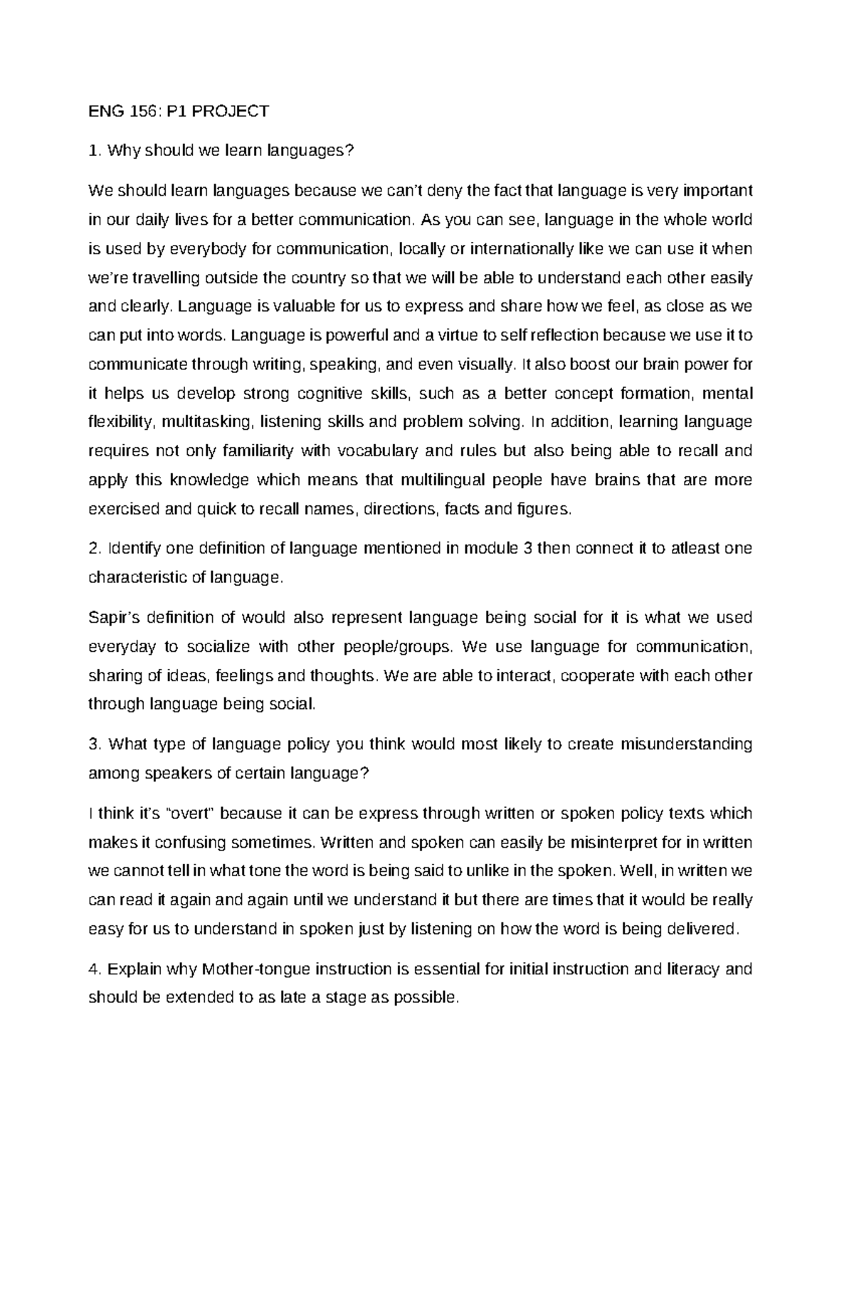 ENG 156 P1 PROJECT - ENG 156: P1 PROJECT Why should we learn languages ...