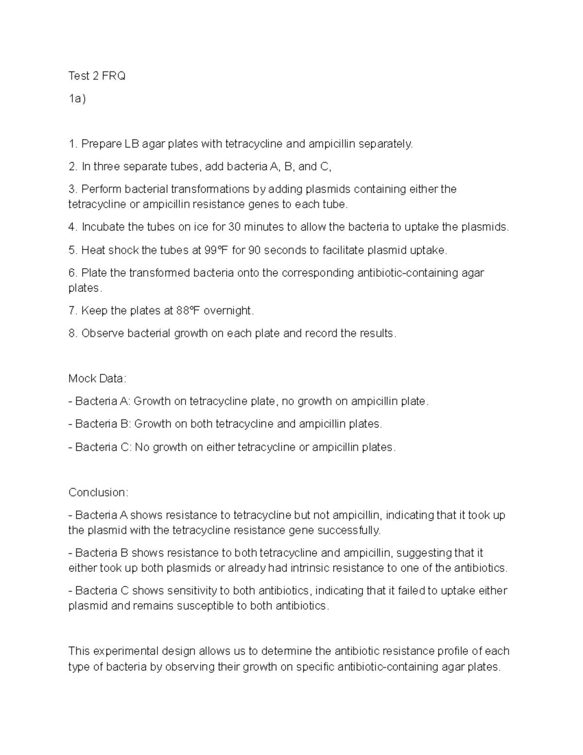 Bio frq test 2 - bio - Test 2 FRQ 1a) Prepare LB agar plates with ...