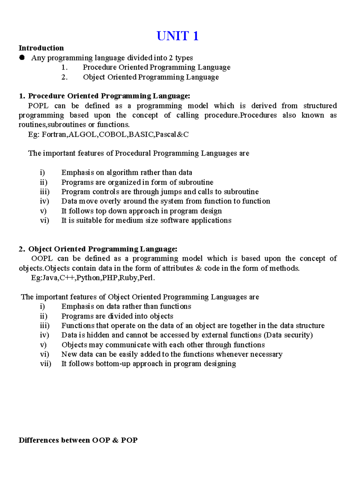 Java Unit 1 - JAVA Unit-1 notes - UNIT 1 Introduction Any programming ...