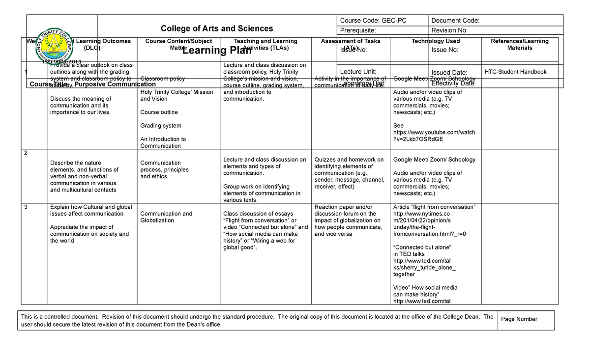 GEC PC Learning Plan General Education Subject Week Desired