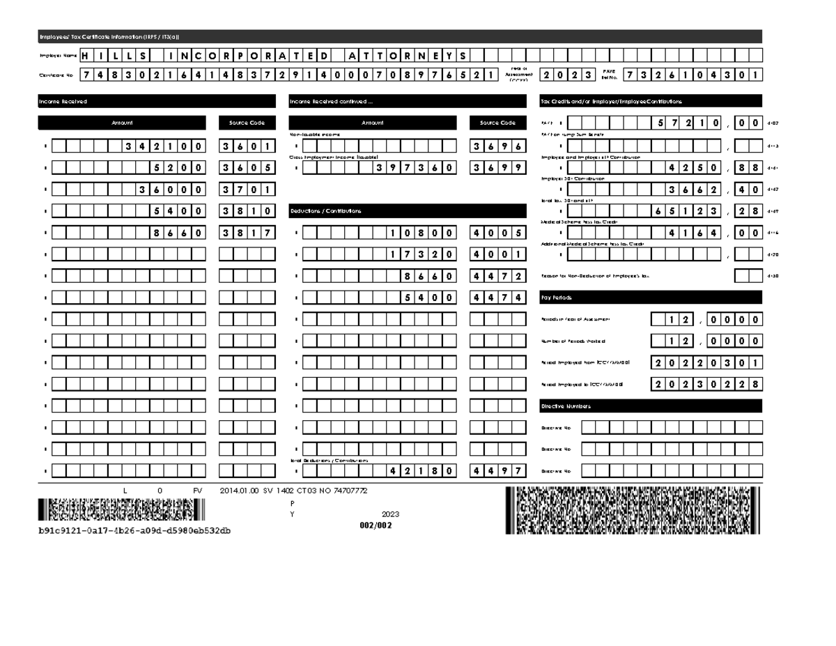 Irp5 daniella labuschagne employees tax certificate information